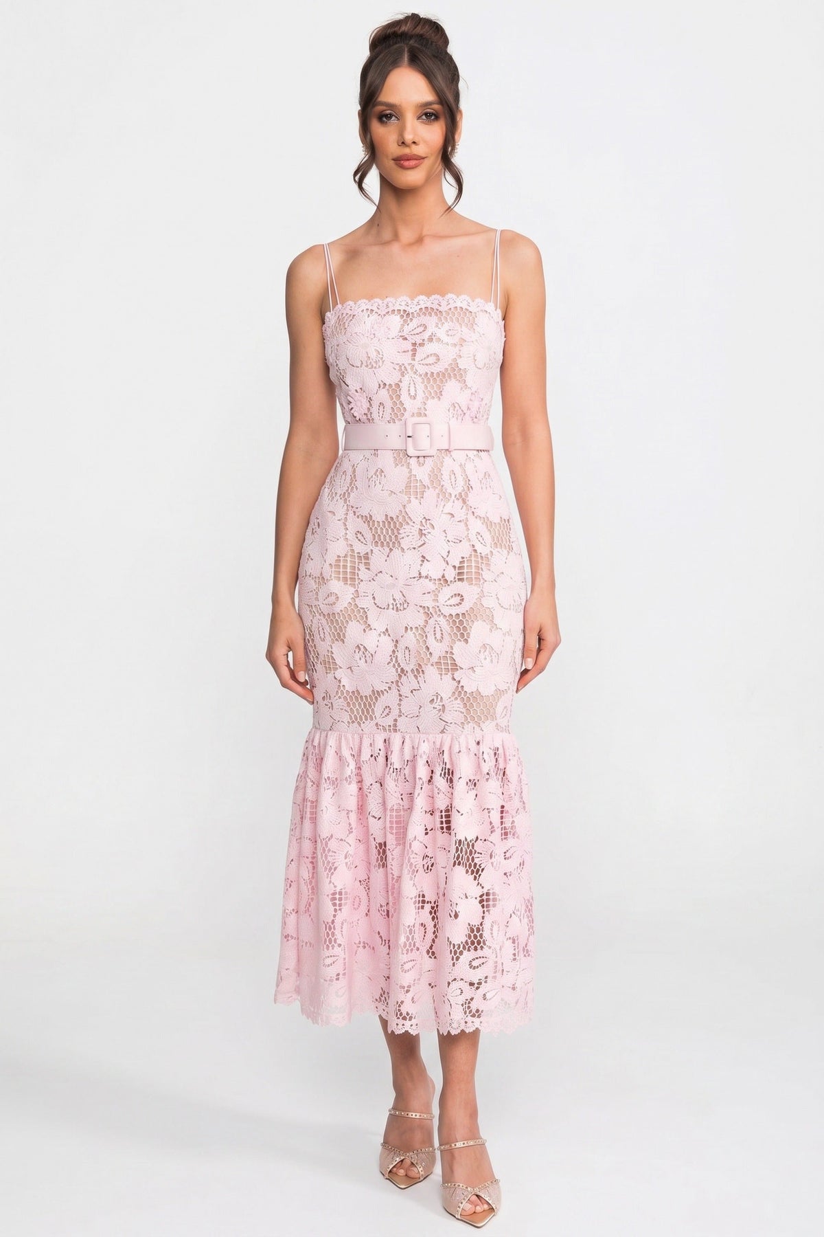 Lace Midi Dress With Belted Waist And Flounce Hem - Pink