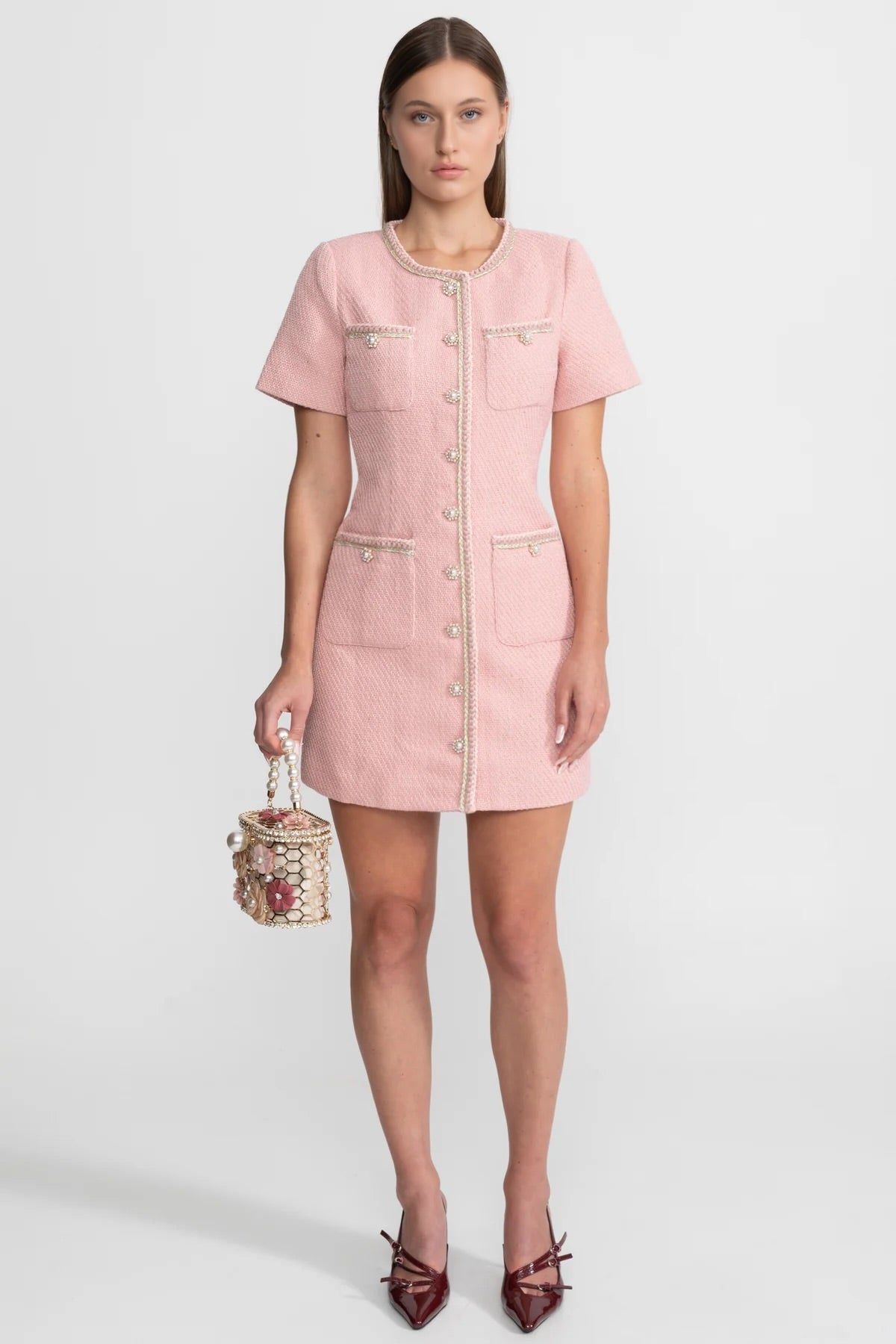 Short Sleeve Tweed Mini Dress With Pearl Buttons – Blush Pink