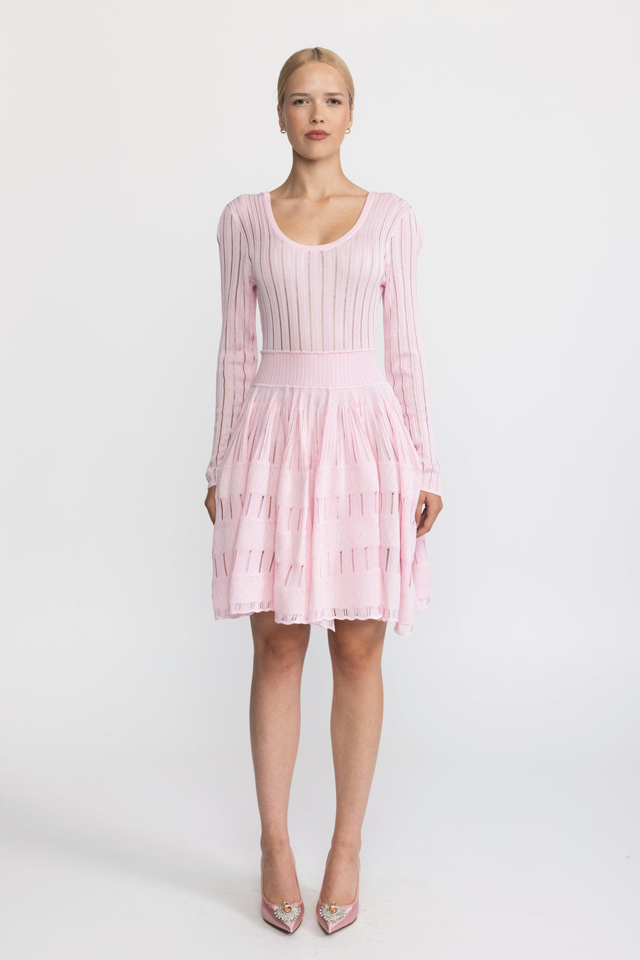 Élodie Ladder Knit Scoop Neck Skater Mini Dress - Pink