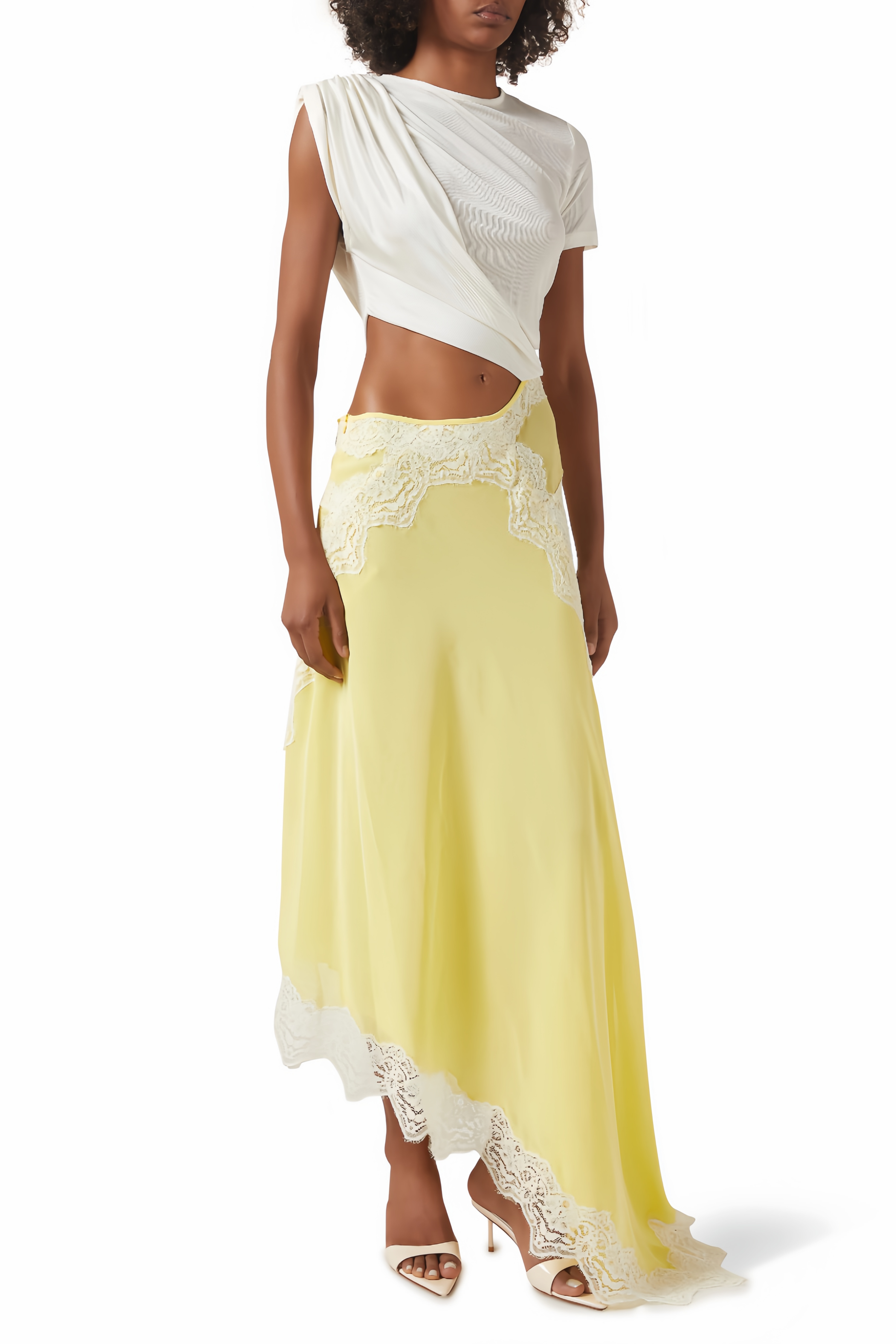 Fiamma Yellow Gathered Lace Panel Maxi Dress