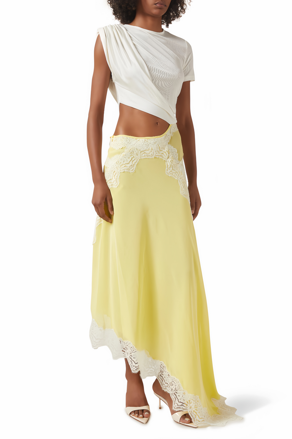 Fiamma Yellow Gathered Lace Panel Maxi Dress