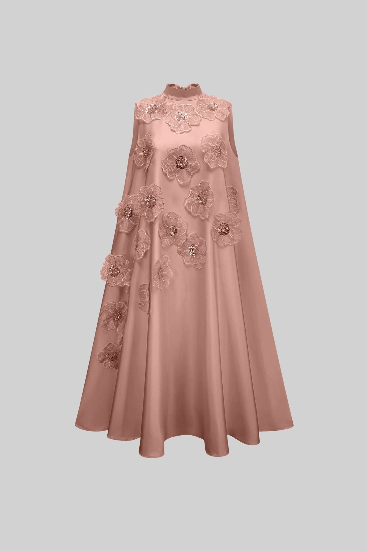 Sleeveless Floral A-Line Dress With High Collar And Textured Embellishments - Pink