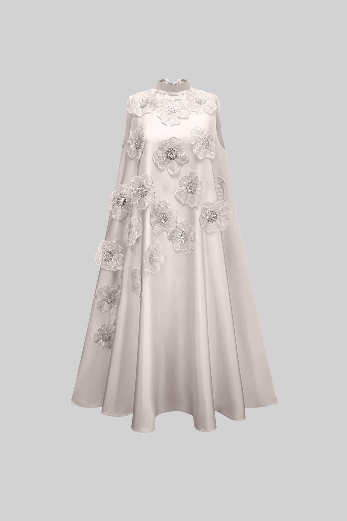 Sleeveless Floral A-Line Dress With High Collar And Textured Embellishments - White