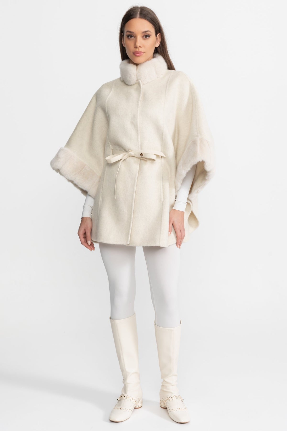 Wool Blend Cape Coat with Sable Fur Trim – Ivoire