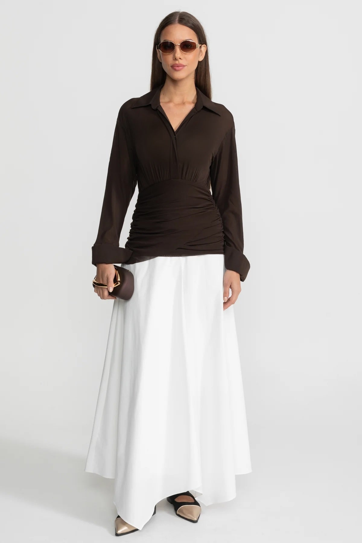 Long-Sleeve Ruched Bodice Maxi Dress – Brown & White