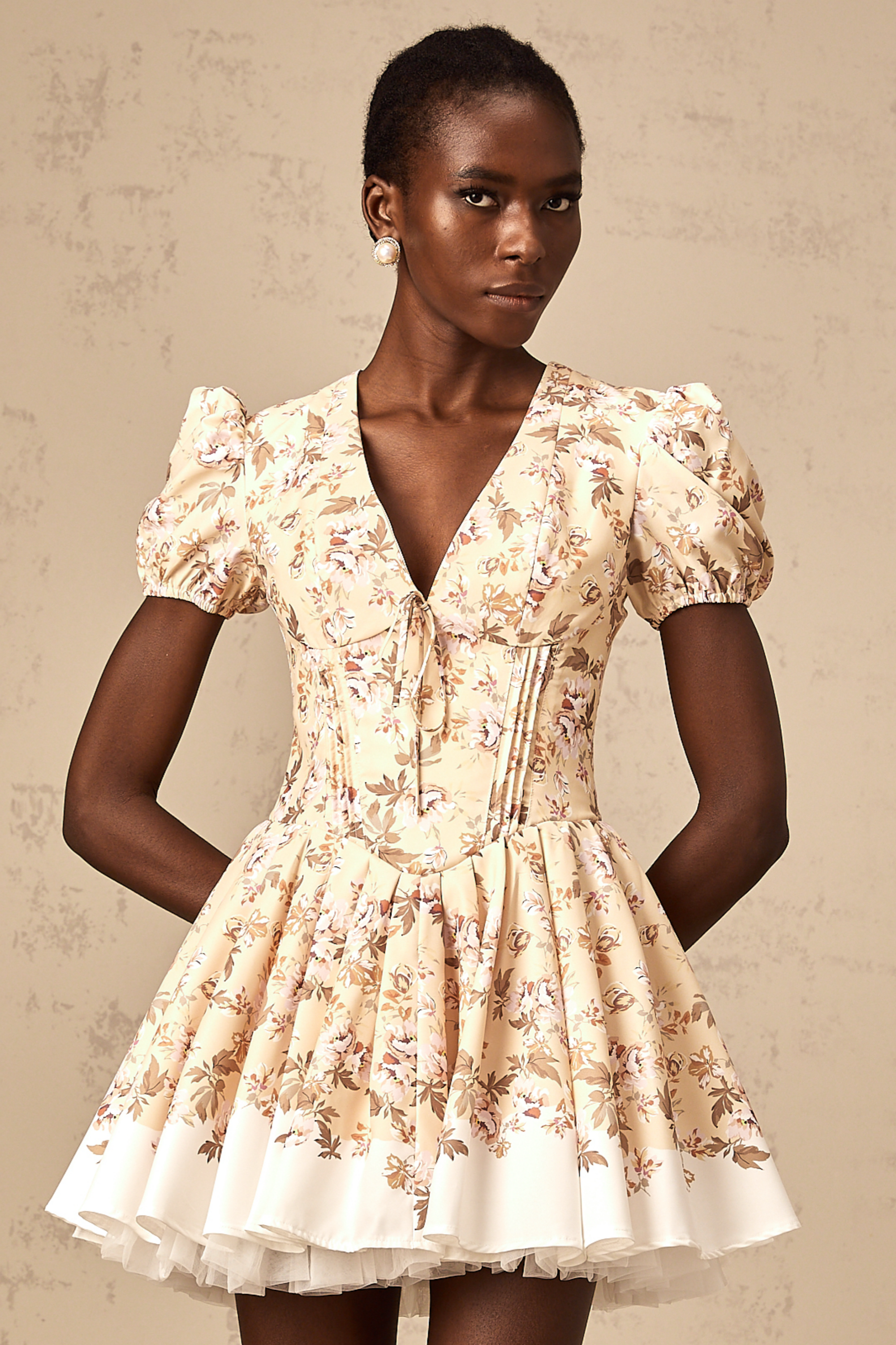 Alizée yellow floral-print pleated mini dress