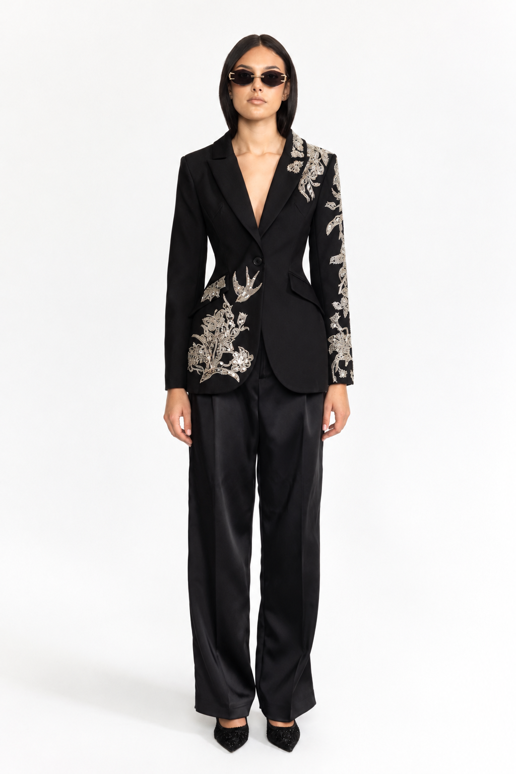 Noëlle Black Sequin Bird Embroidered Tailored Blazer