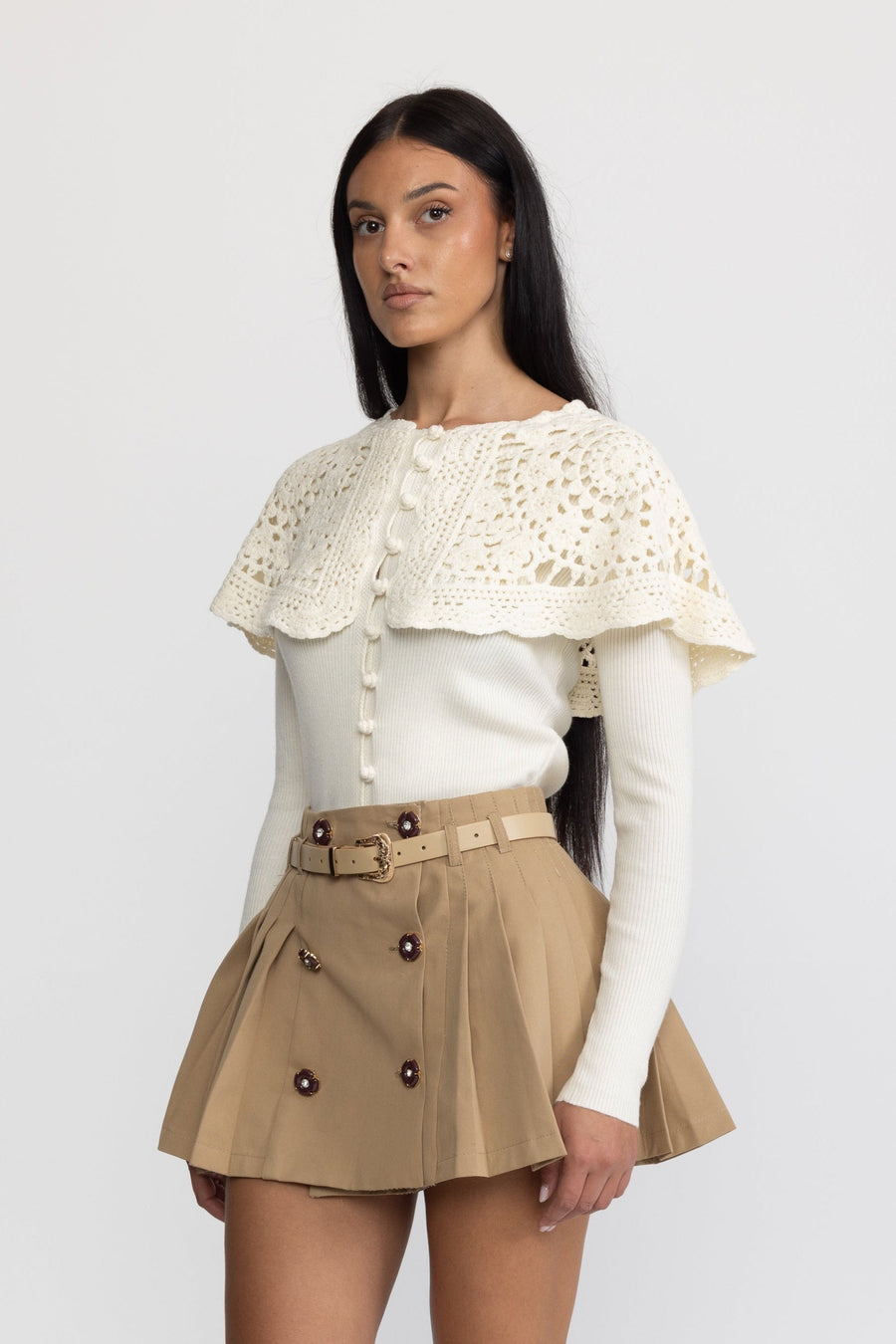 Romilly Belted Pleated Jewel Button Mini Skirt - Khaki