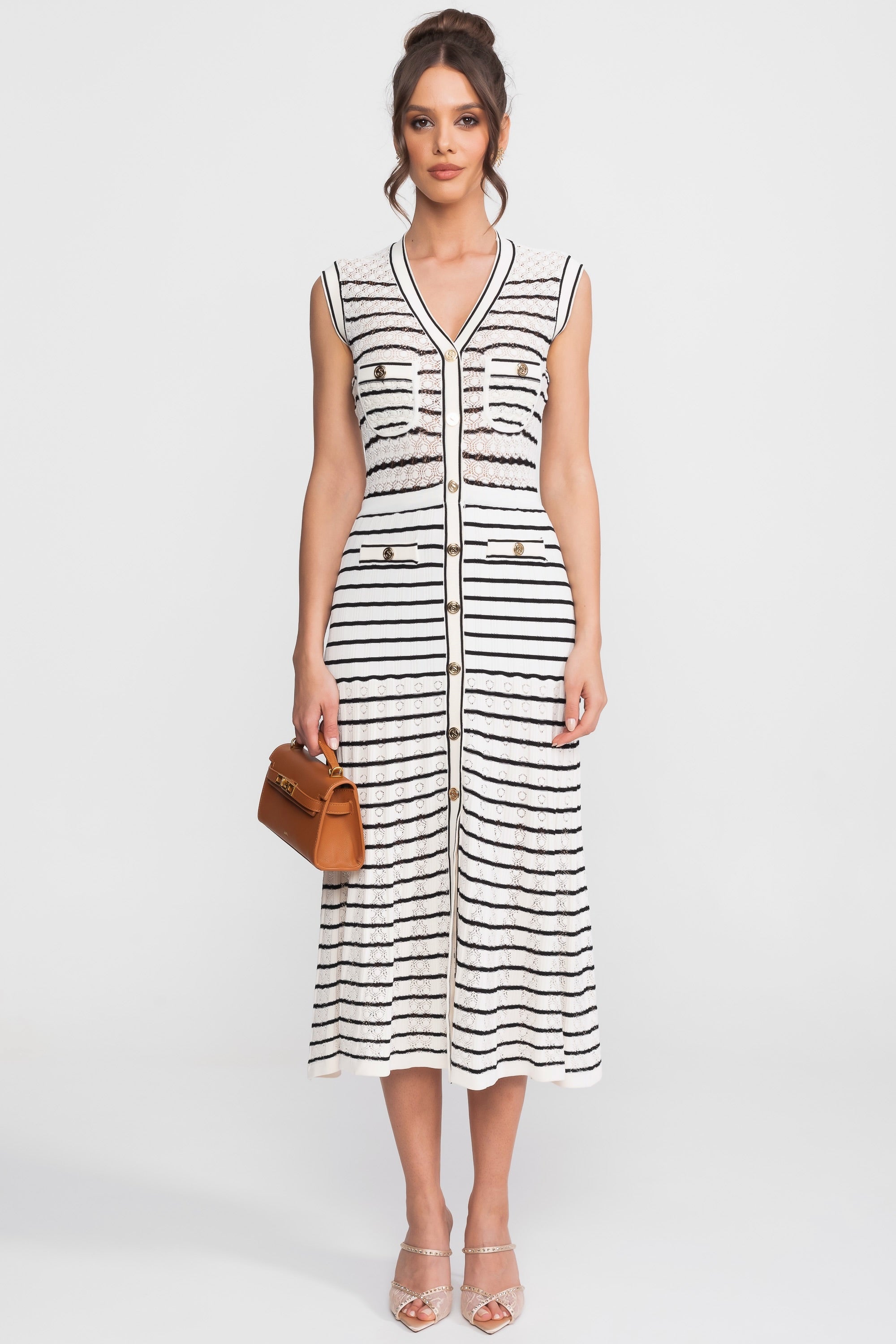 Striped Sleeveless Knit Midi Dress With V-Neck And Gold Buttons - White/Black