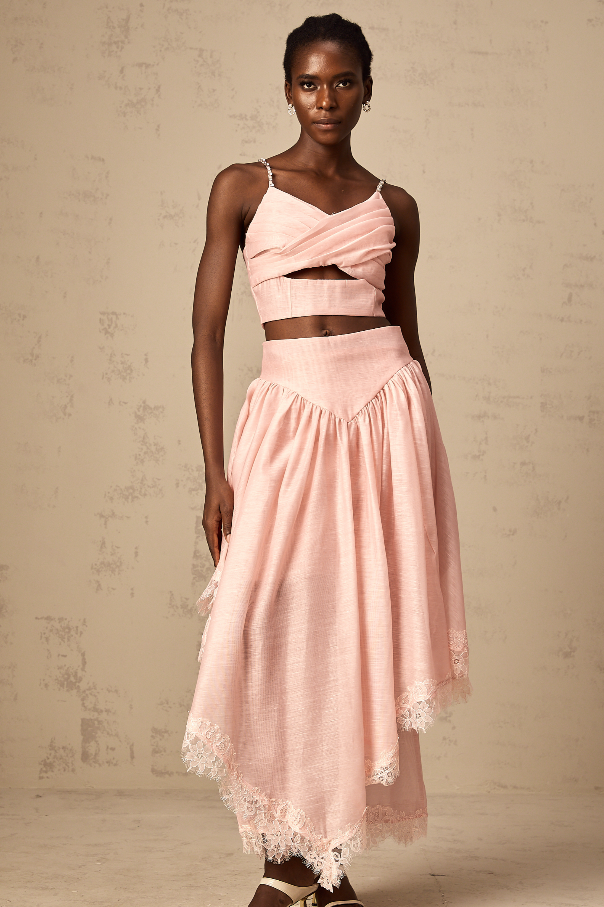 Tamara pink asymmetrical ruffled top & skirt matching set (US Only)