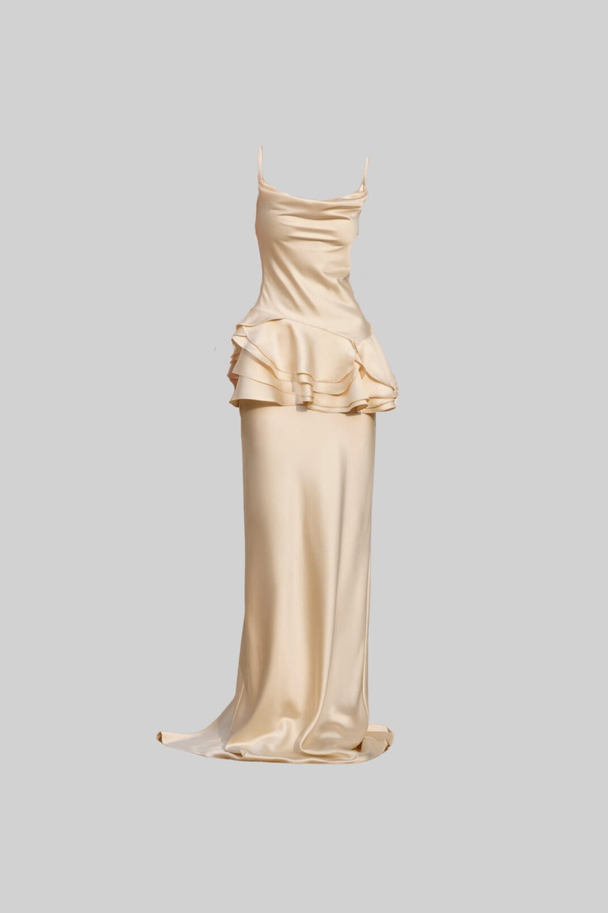 Sleeveless Satin Gown With Layered Peplum Waistline - Ivoire