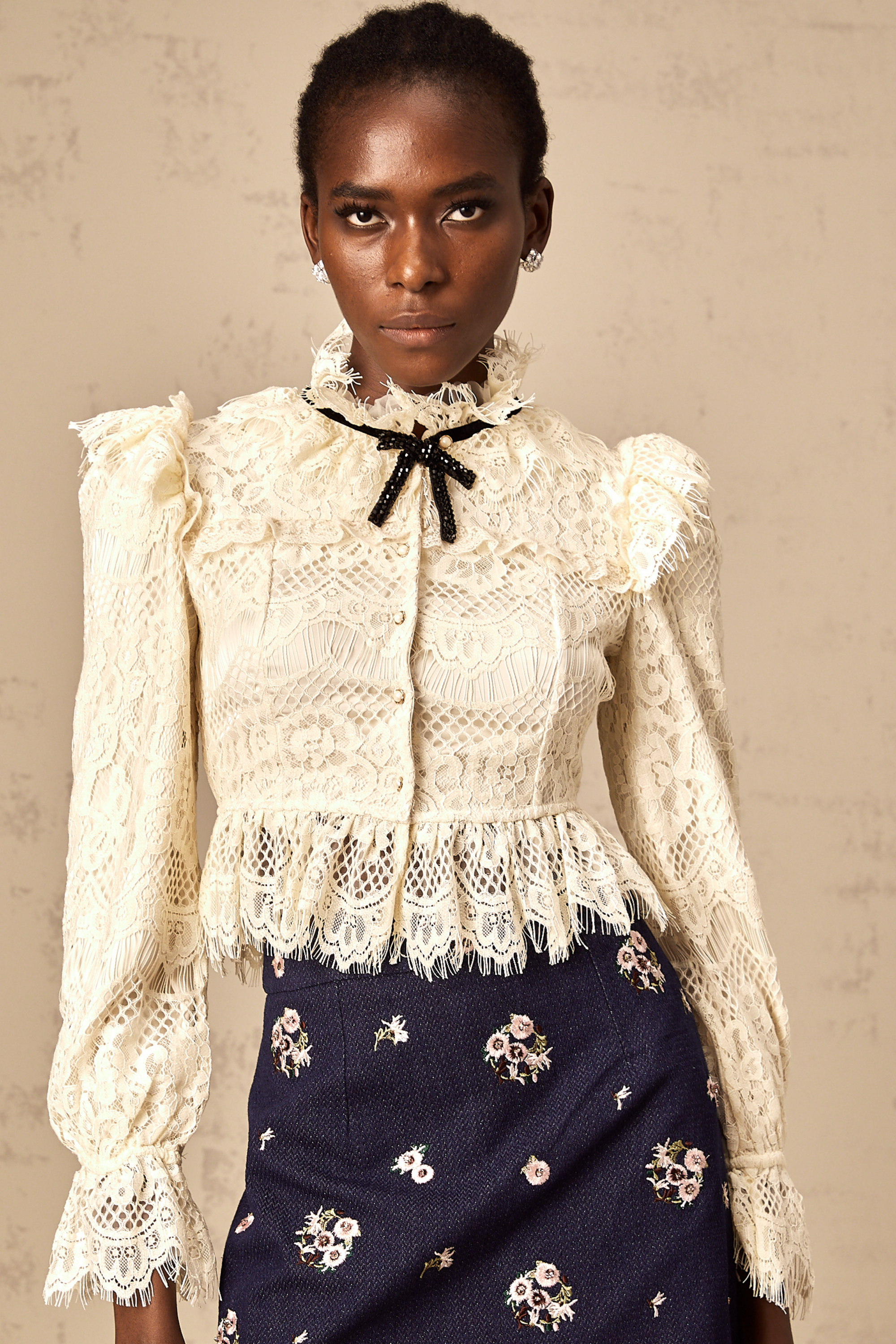 Anaelle off-white bowknot floral-lace blouse