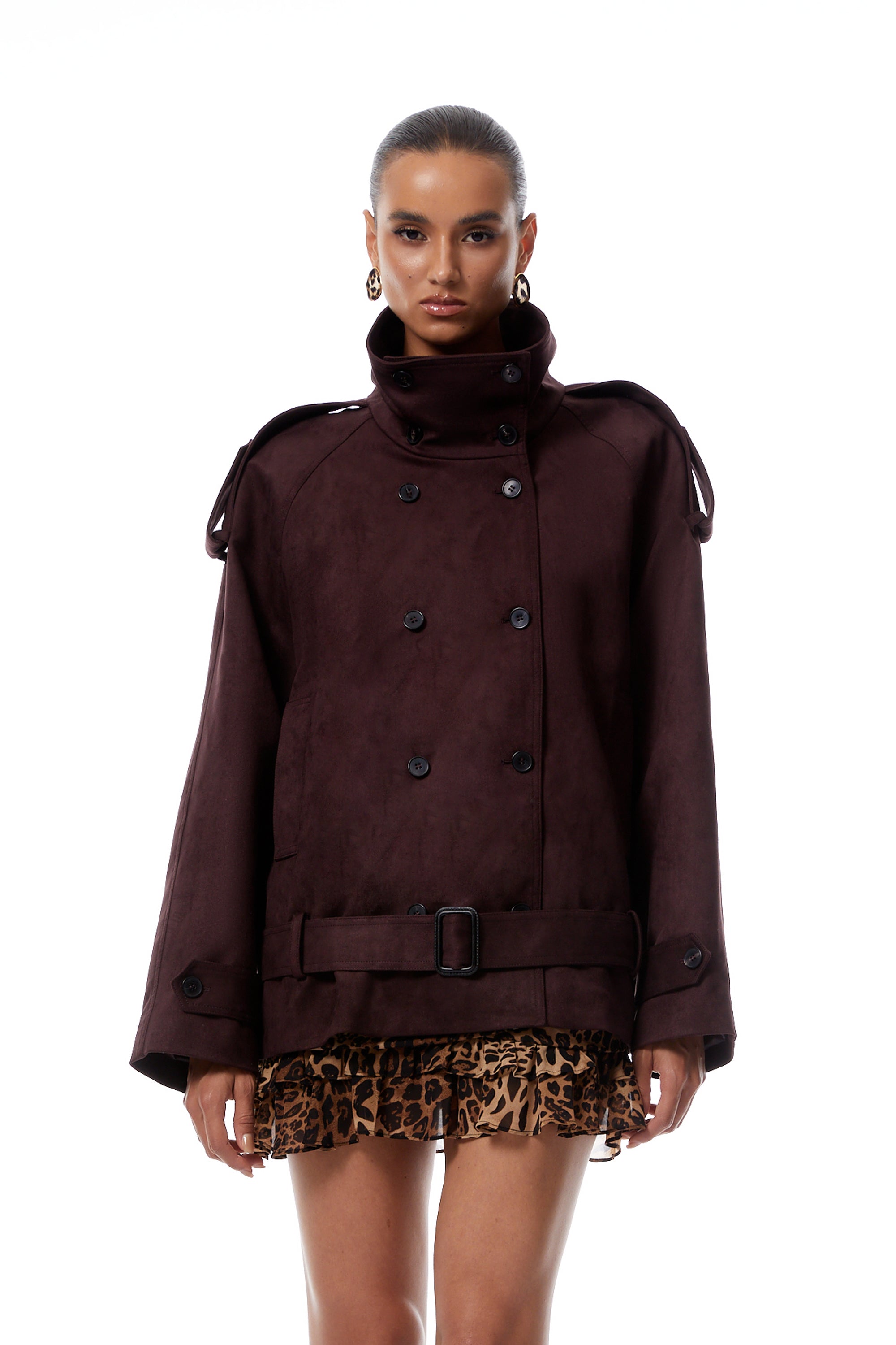 Flavia Burgundy Belted Suede Trench Coat