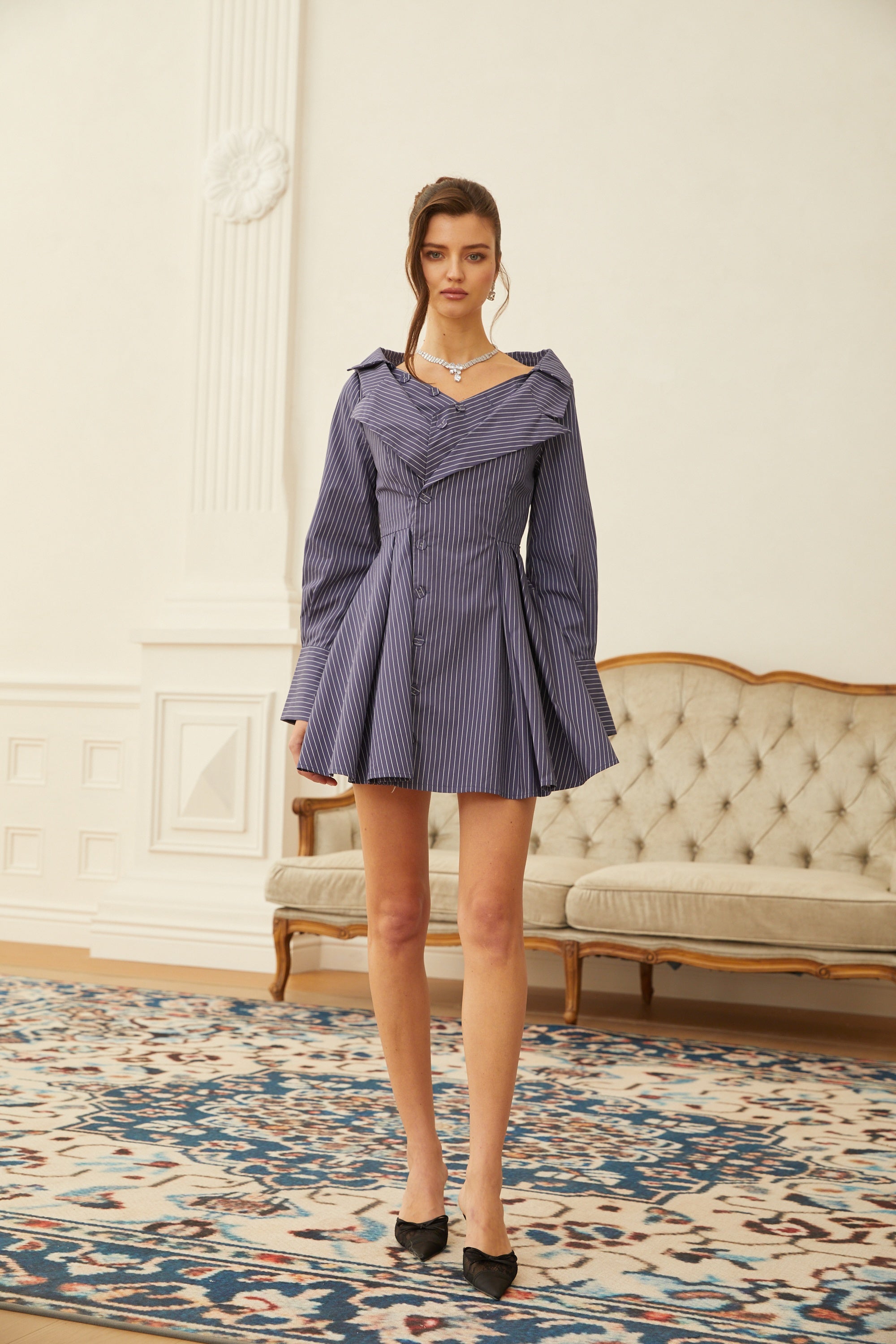 Rita Blue Pinstriped Mini Shirt Dress