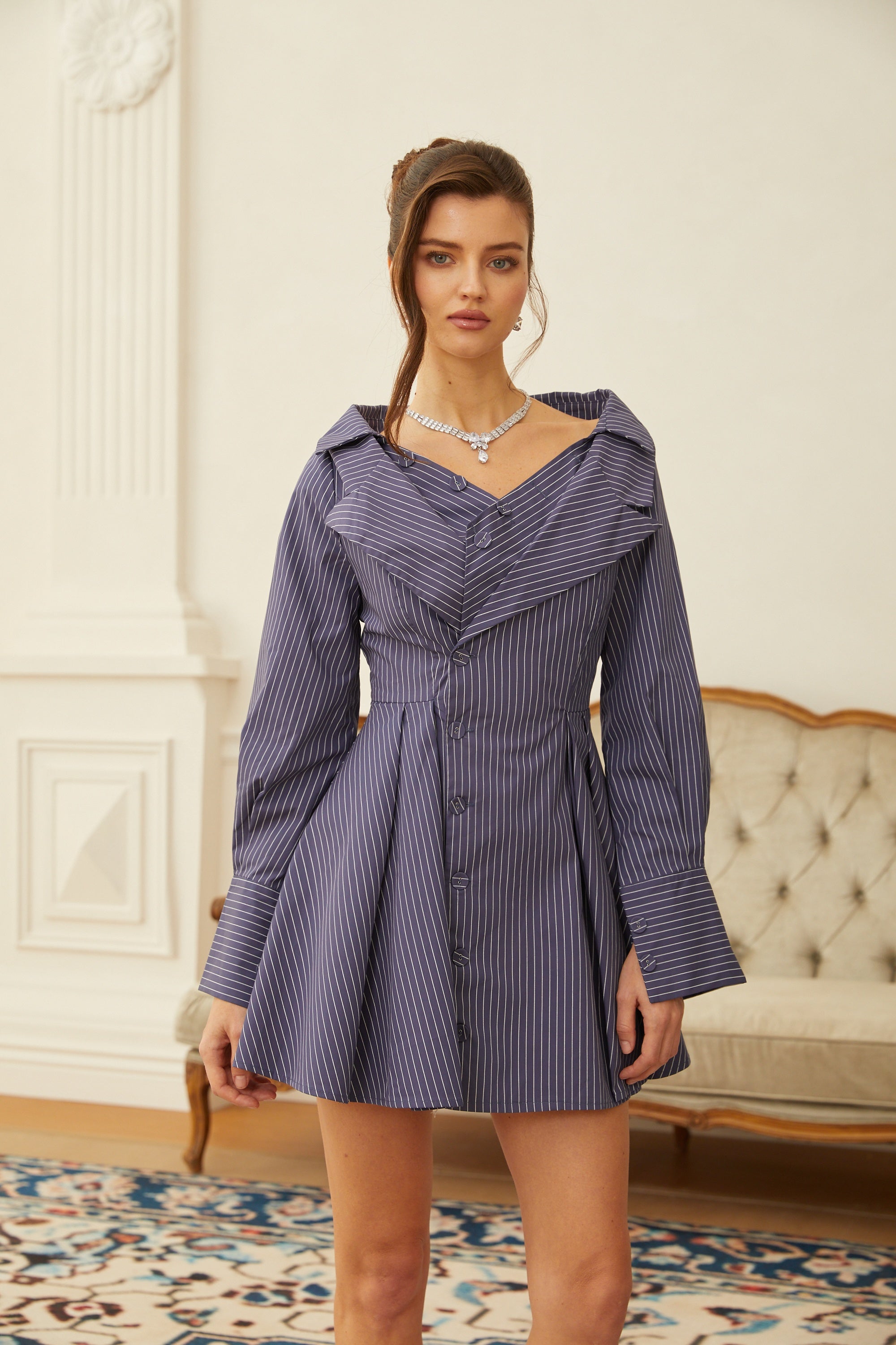 Rita Blue Pinstriped Mini Shirt Dress