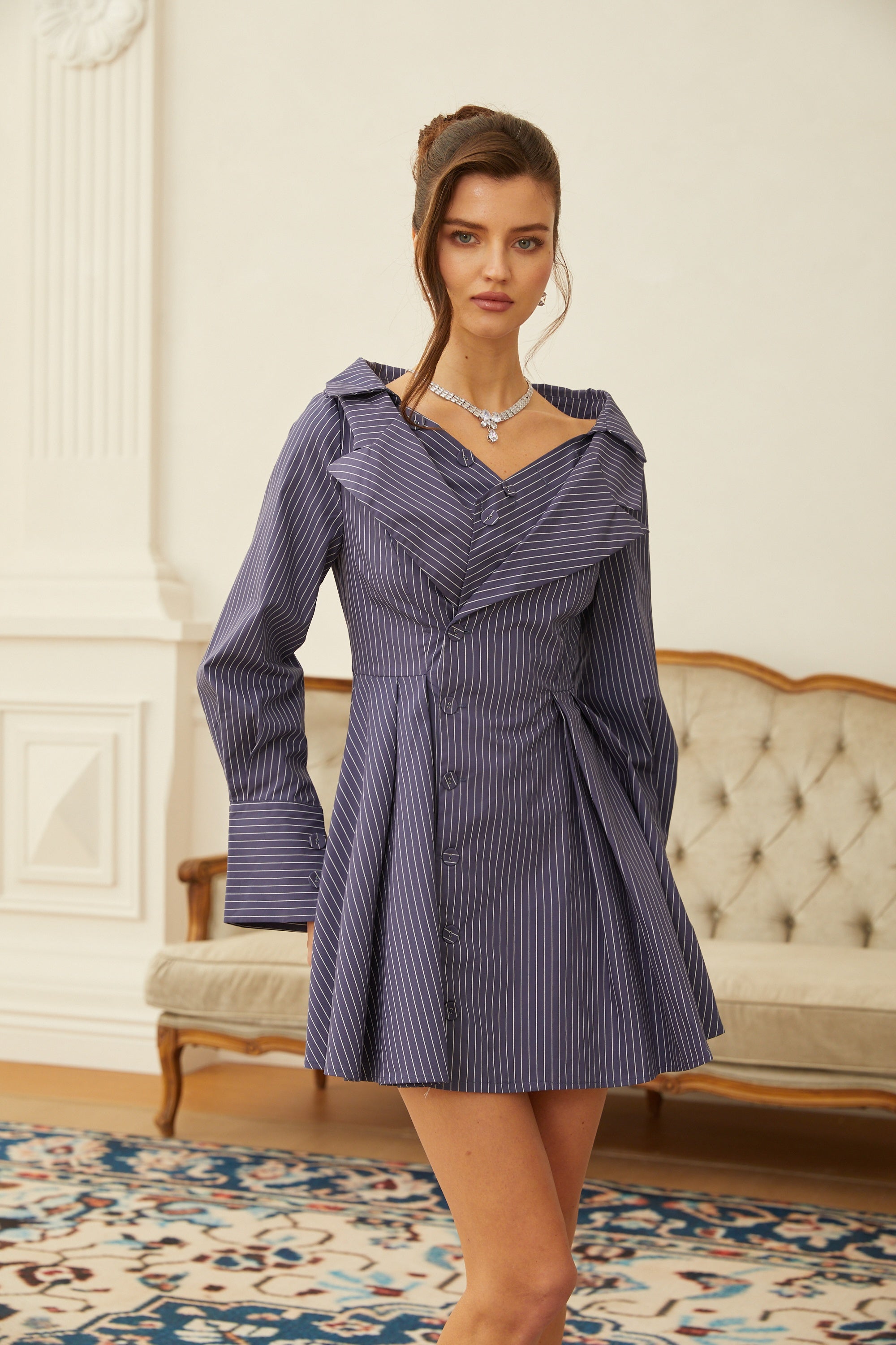 Rita Blue Pinstriped Mini Shirt Dress