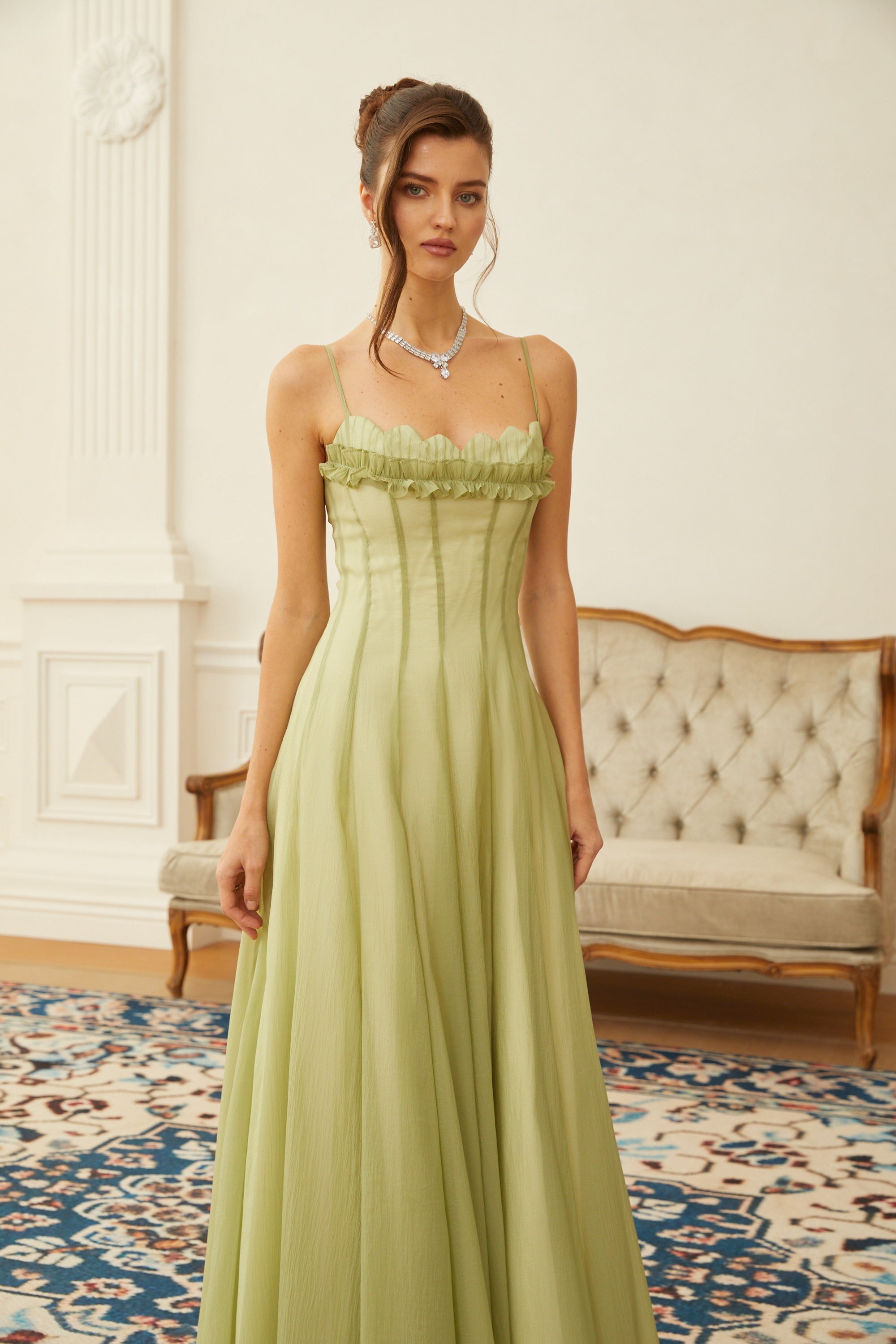 Seraphina Ruffled Shirred Tulle Maxi Dress