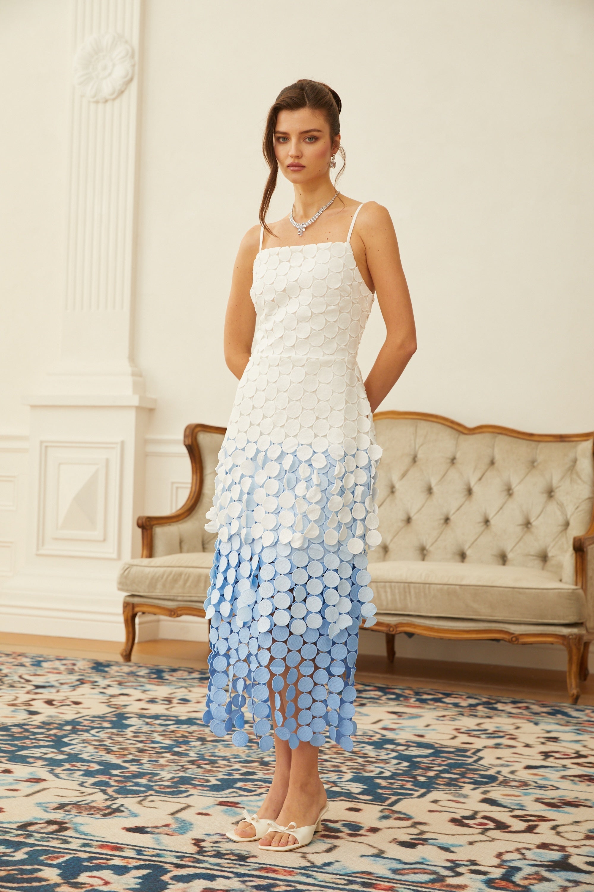 Vezzetti Blue Embroidered-Disc Fringed Midi Dress (Final Sale-US Only)