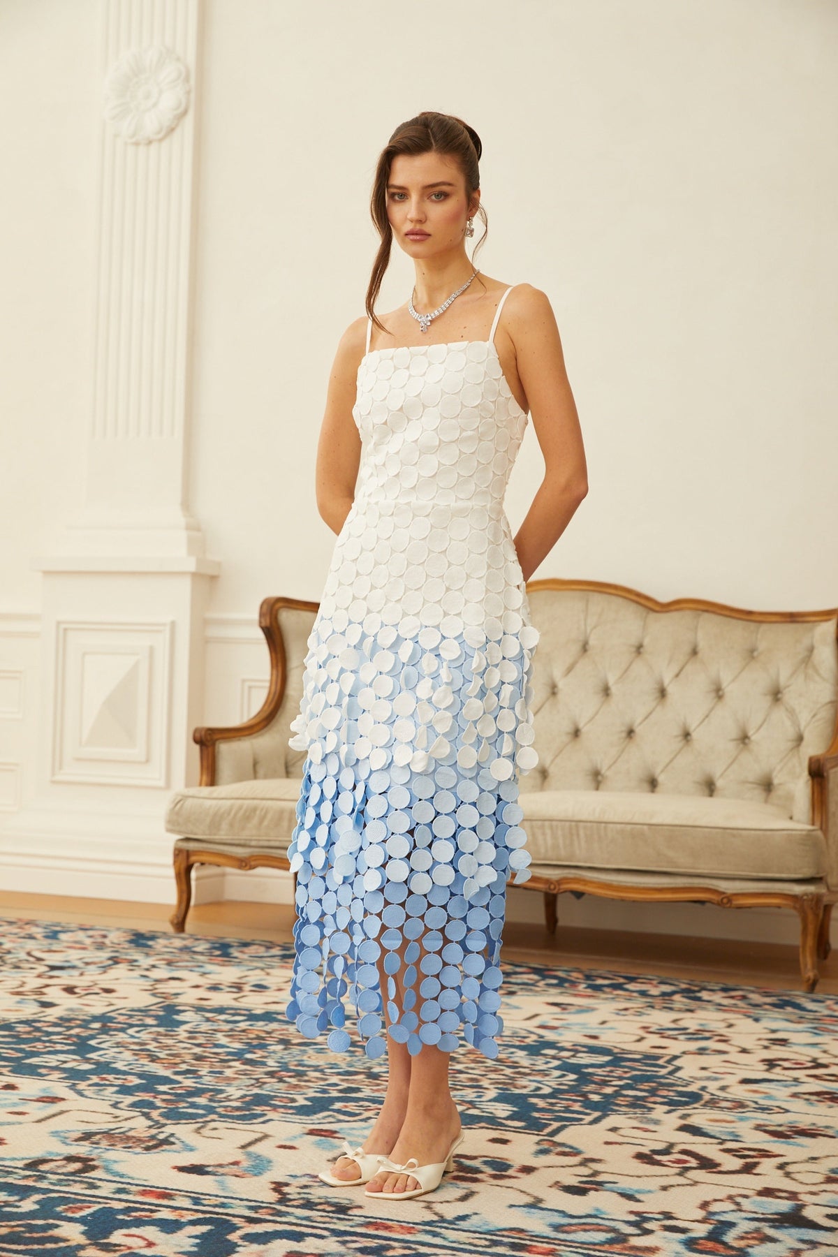 Vezzetti Blue Embroidered-Disc Fringed Midi Dress (Final Sale-US Only)