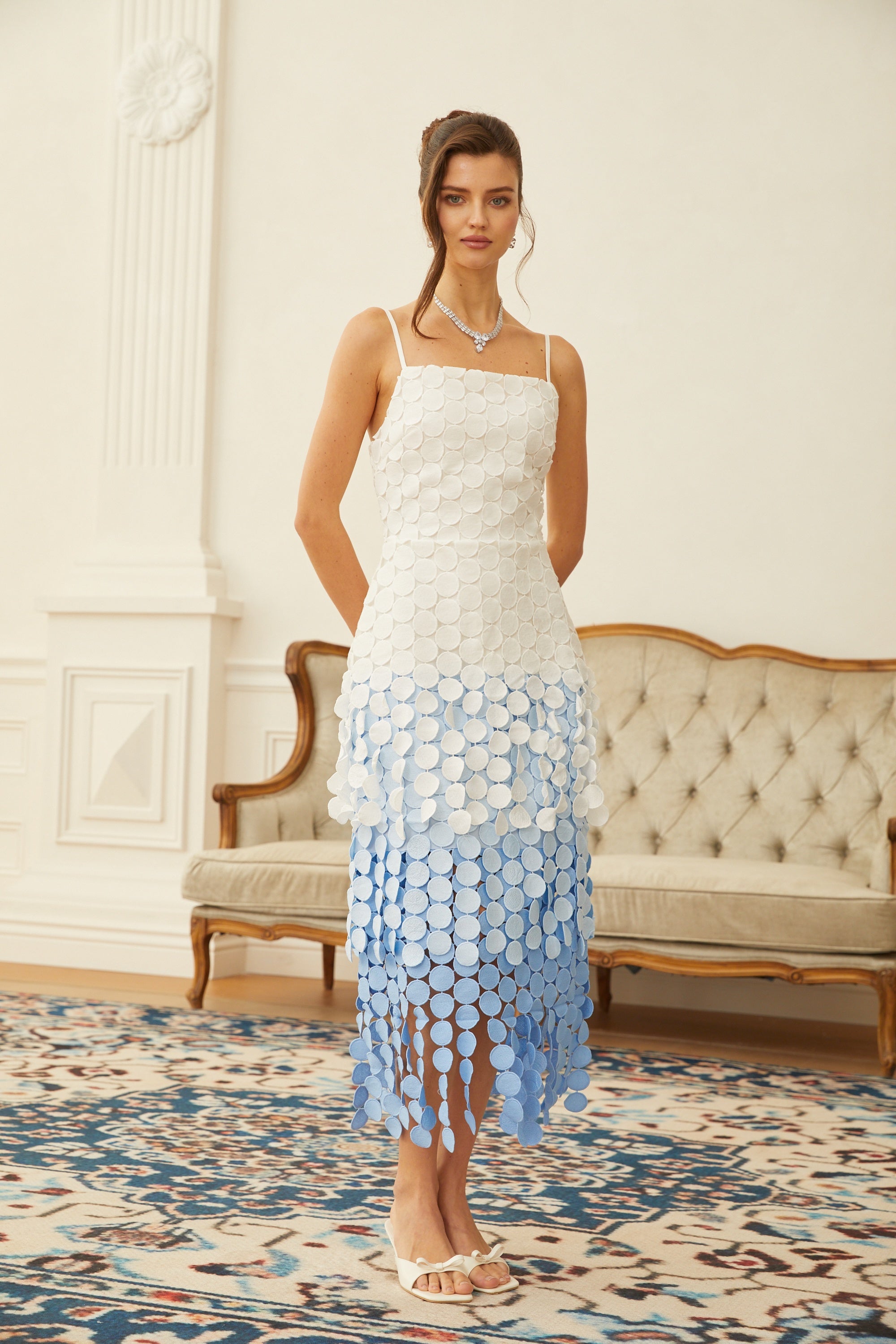 Vezzetti Blue Embroidered-Disc Fringed Midi Dress (Final Sale-US Only)