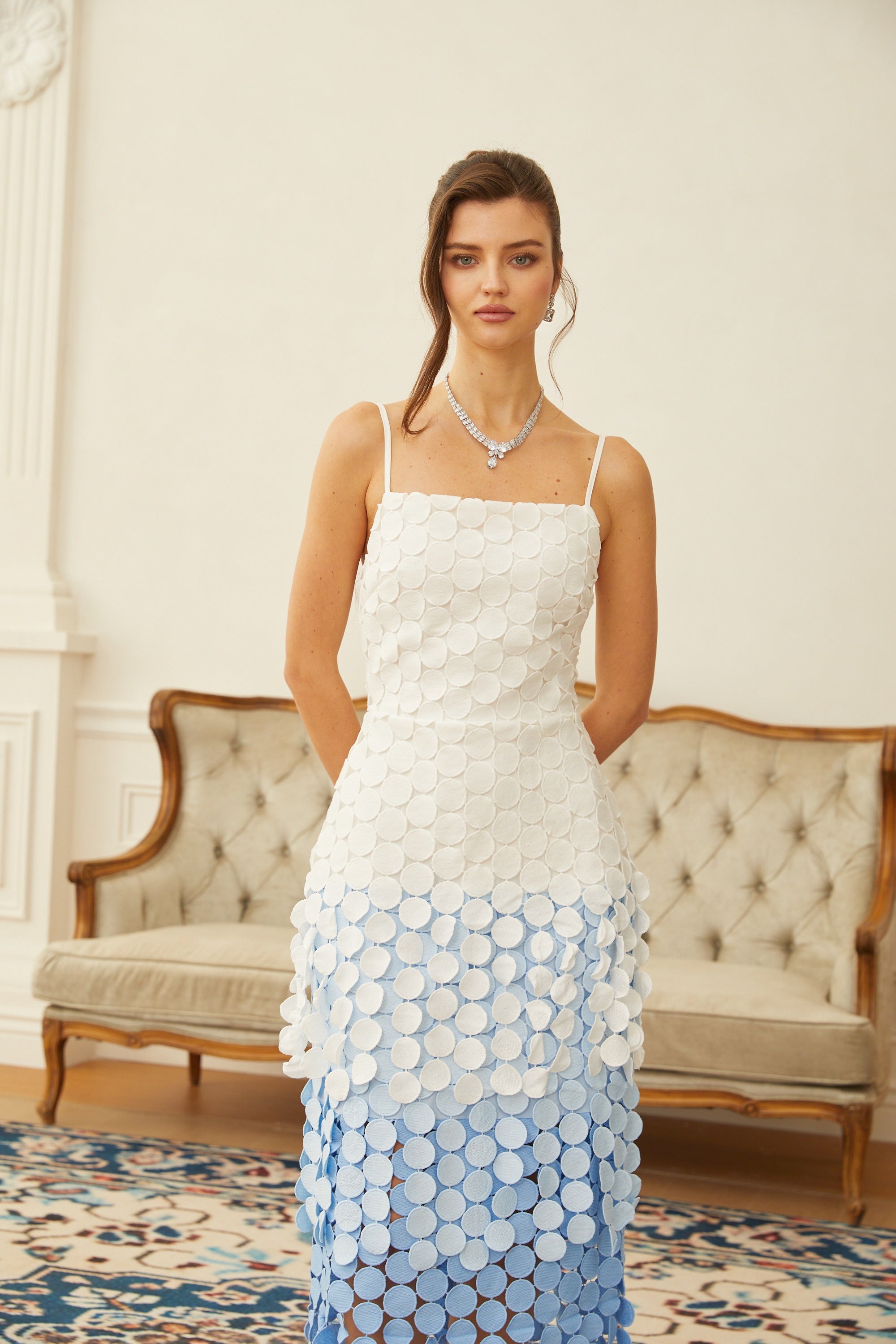 Vezzetti Blue Embroidered-Disc Fringed Midi Dress (Final Sale-US Only)
