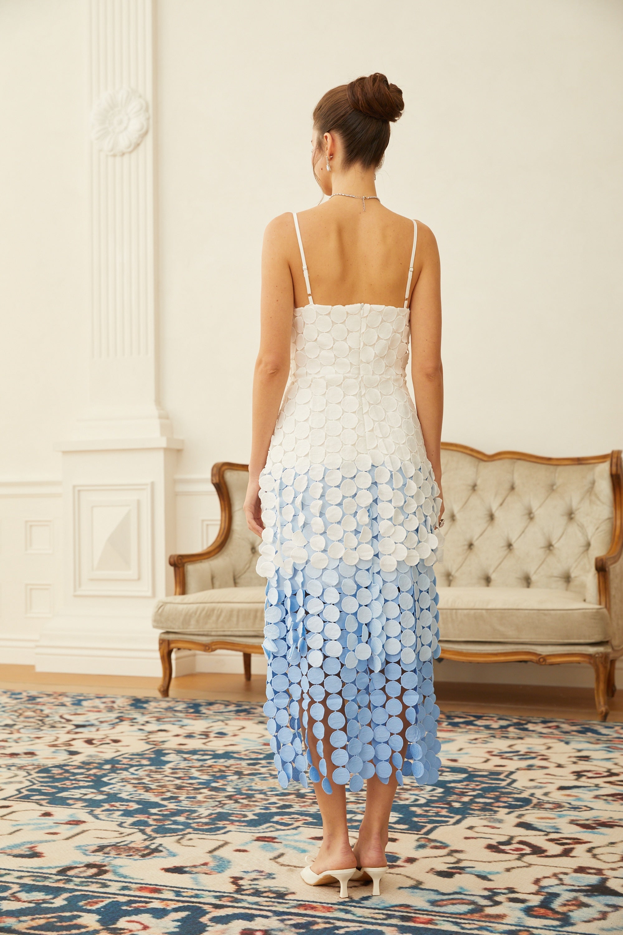 Vezzetti Blue Embroidered-Disc Fringed Midi Dress (Final Sale-US Only)