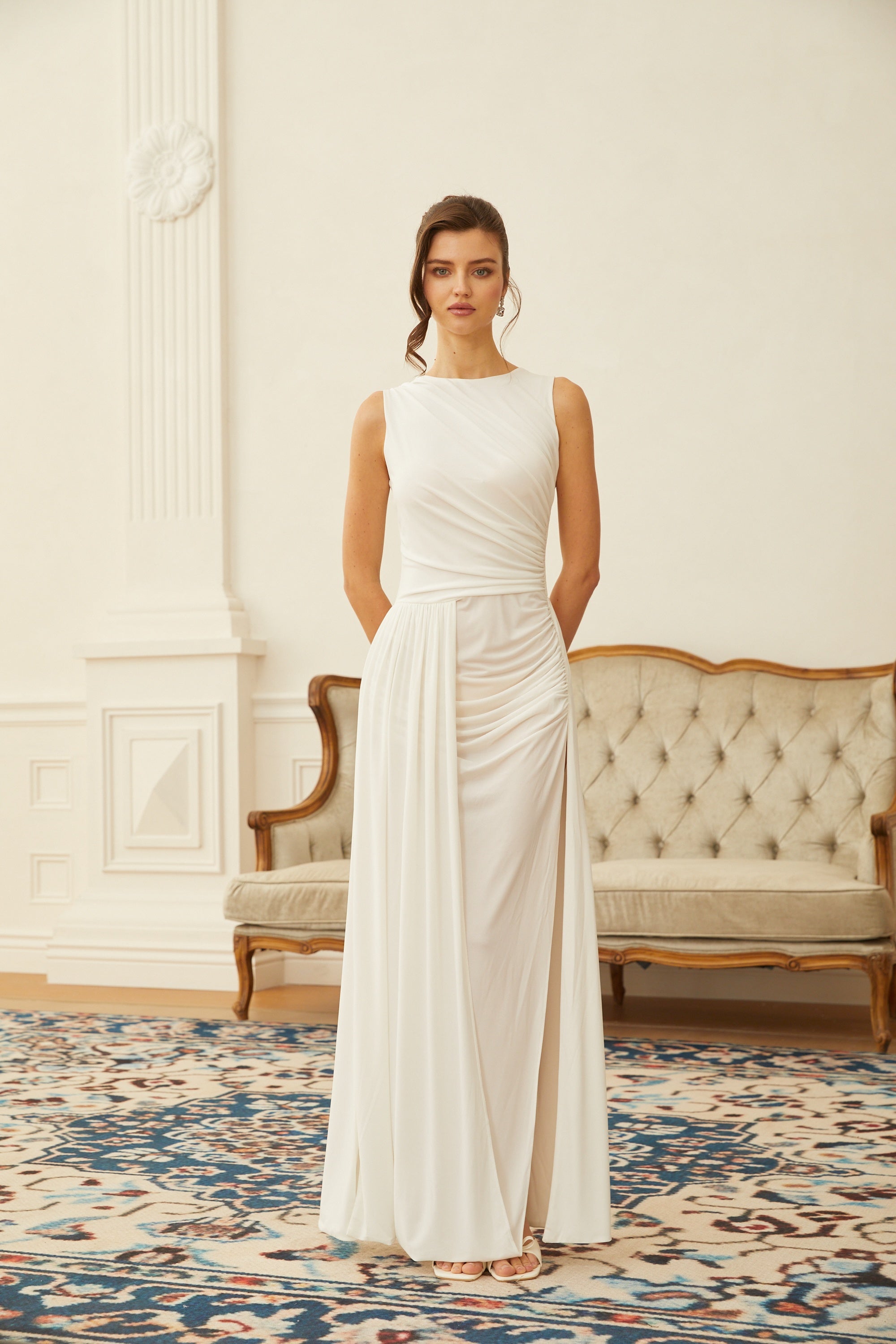 Willow White High Slit Gathered Maxi Dress