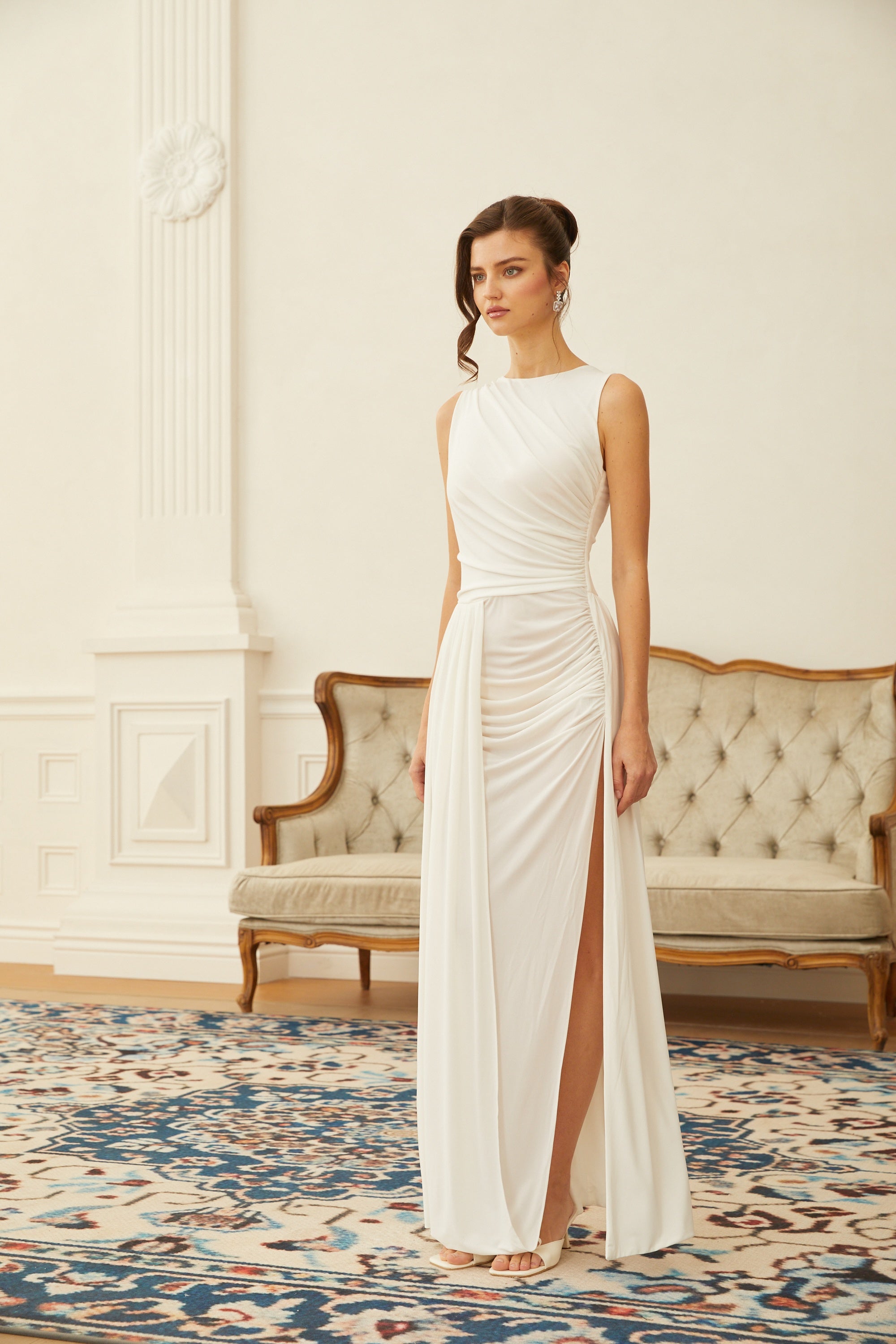 Willow White High Slit Gathered Maxi Dress