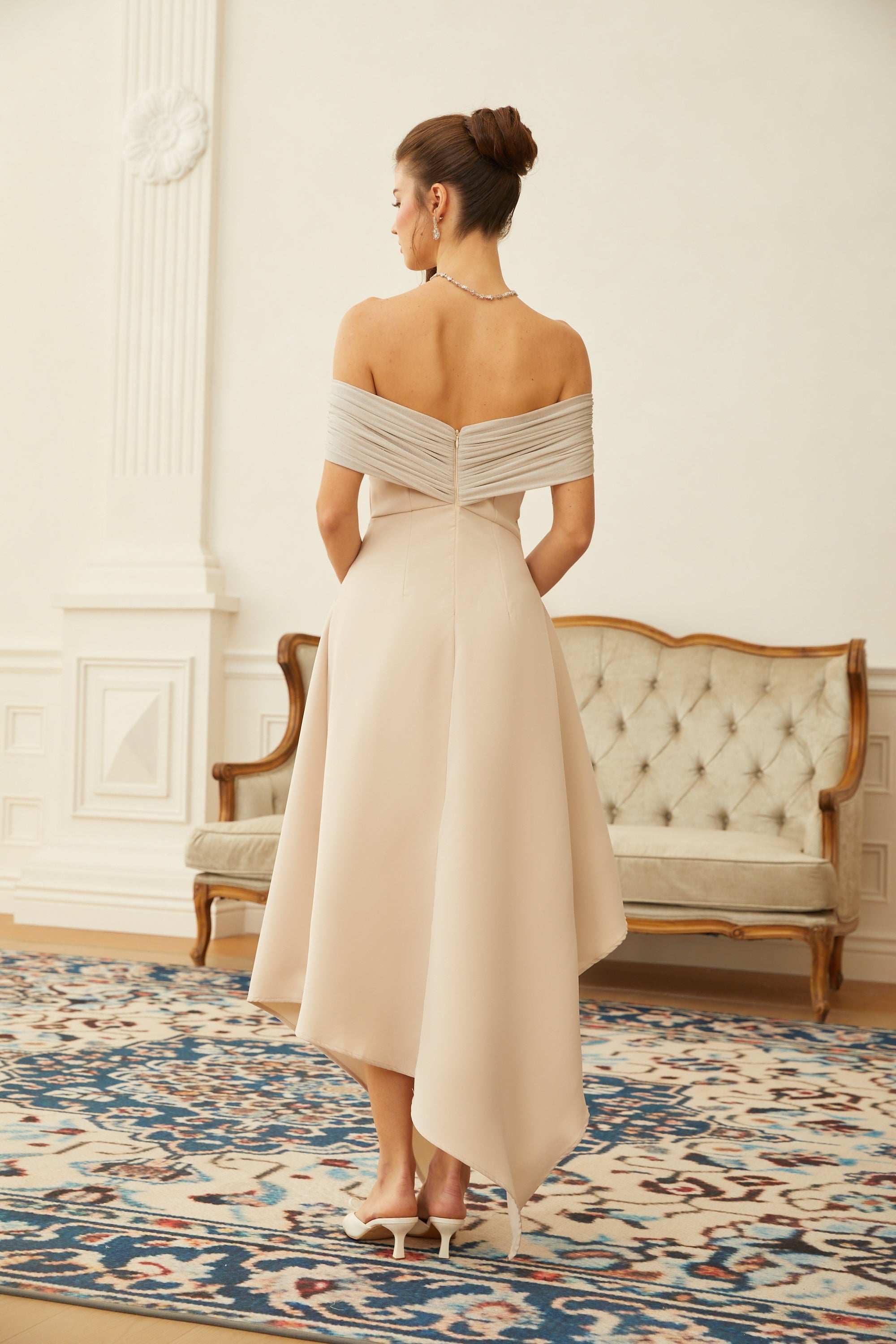 Aigline Neutral Asymmetrical Ruched Midi Dress