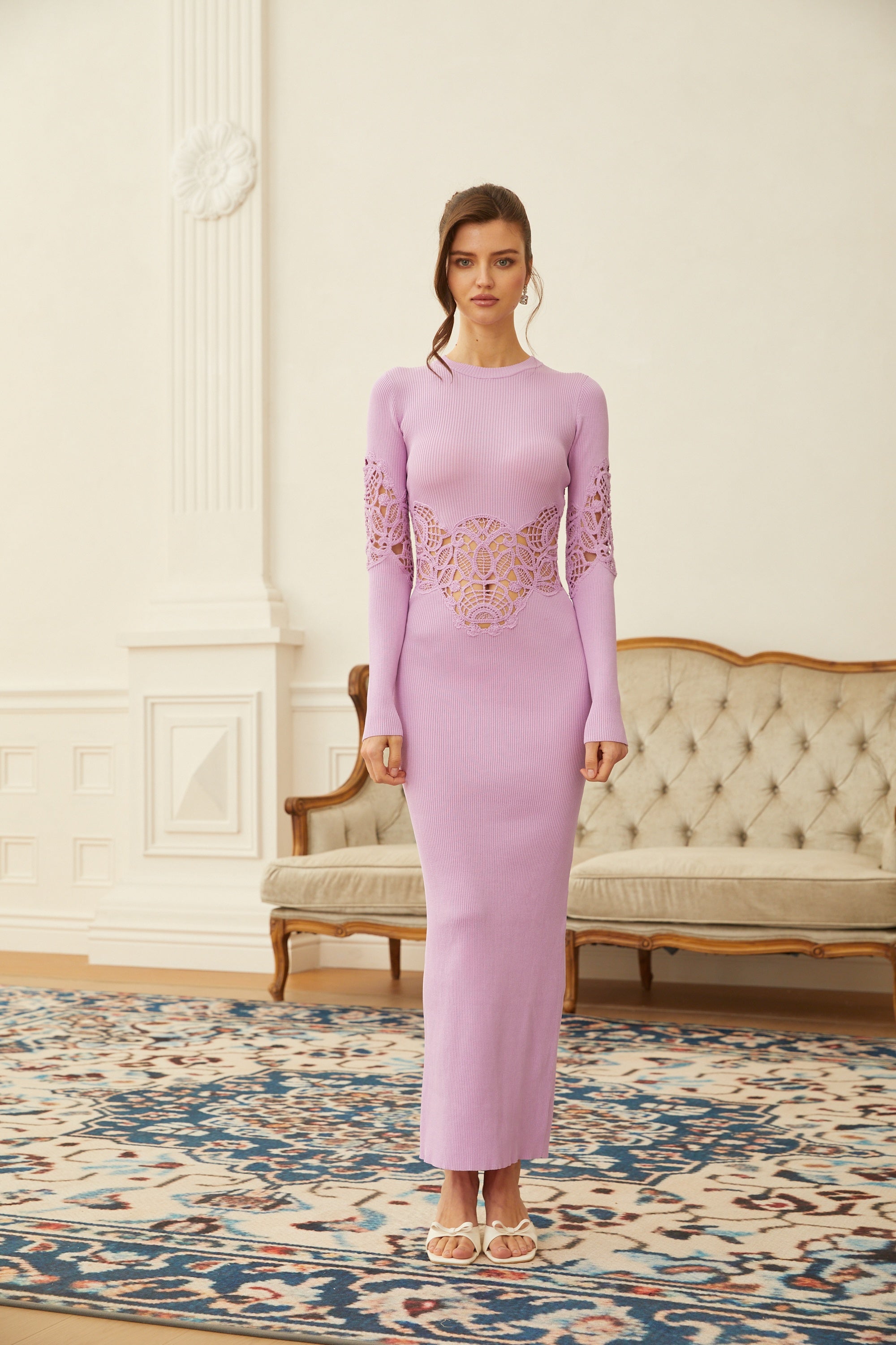 Amanda Purple Lace Panel Ribbed Knit Maxi Dress