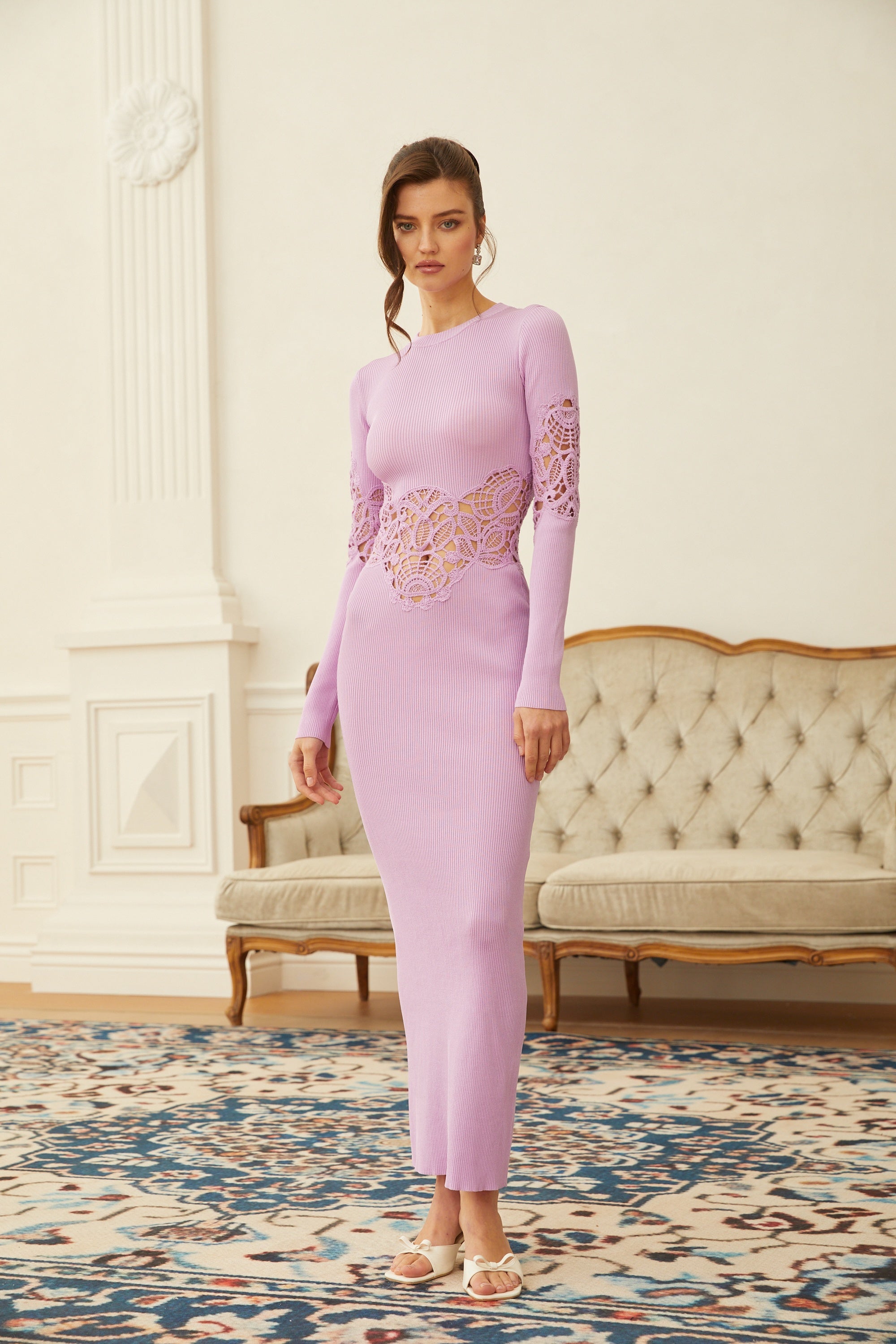 Amanda Purple Lace Panel Ribbed Knit Maxi Dress