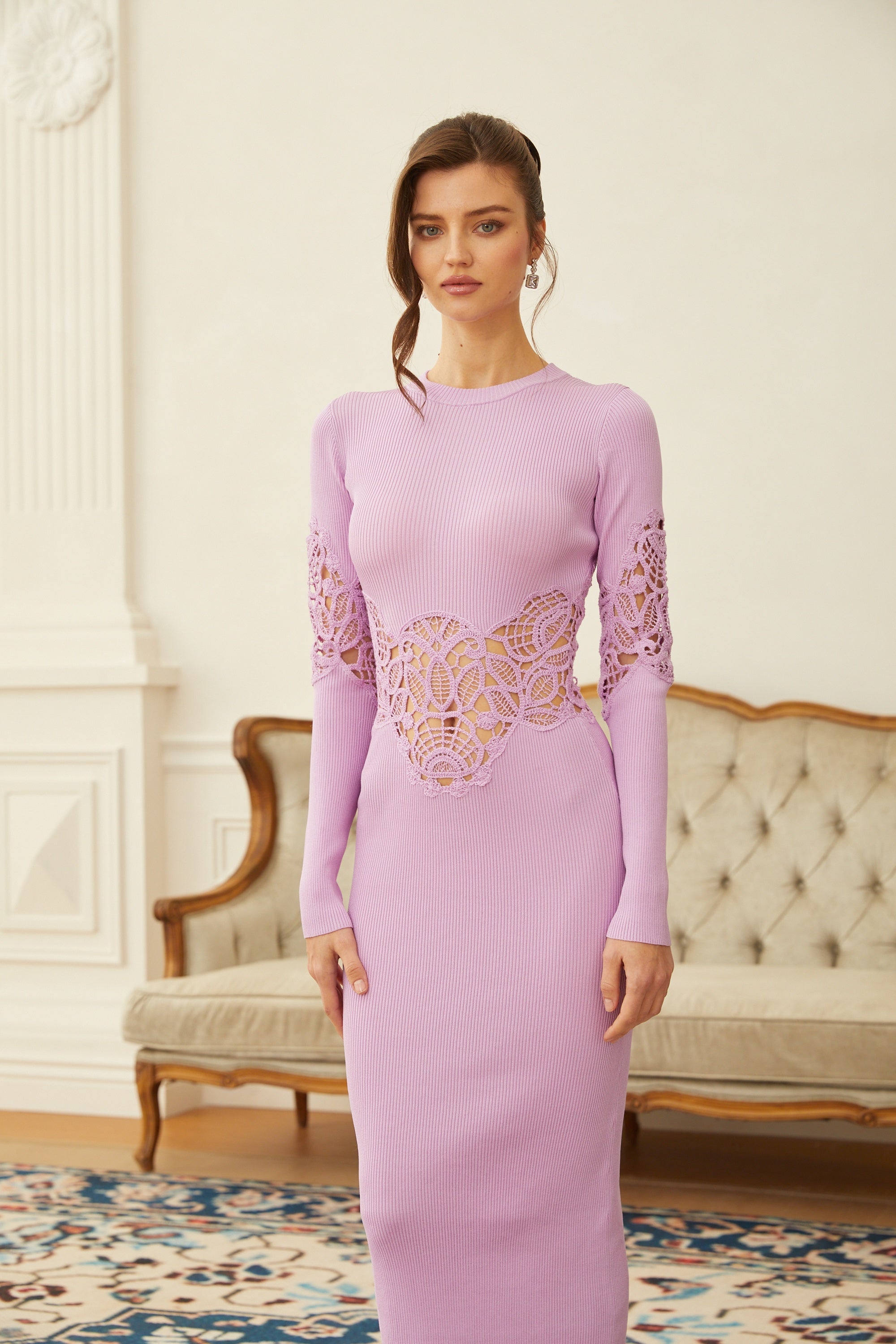 Amanda Purple Lace Panel Ribbed Knit Maxi Dress