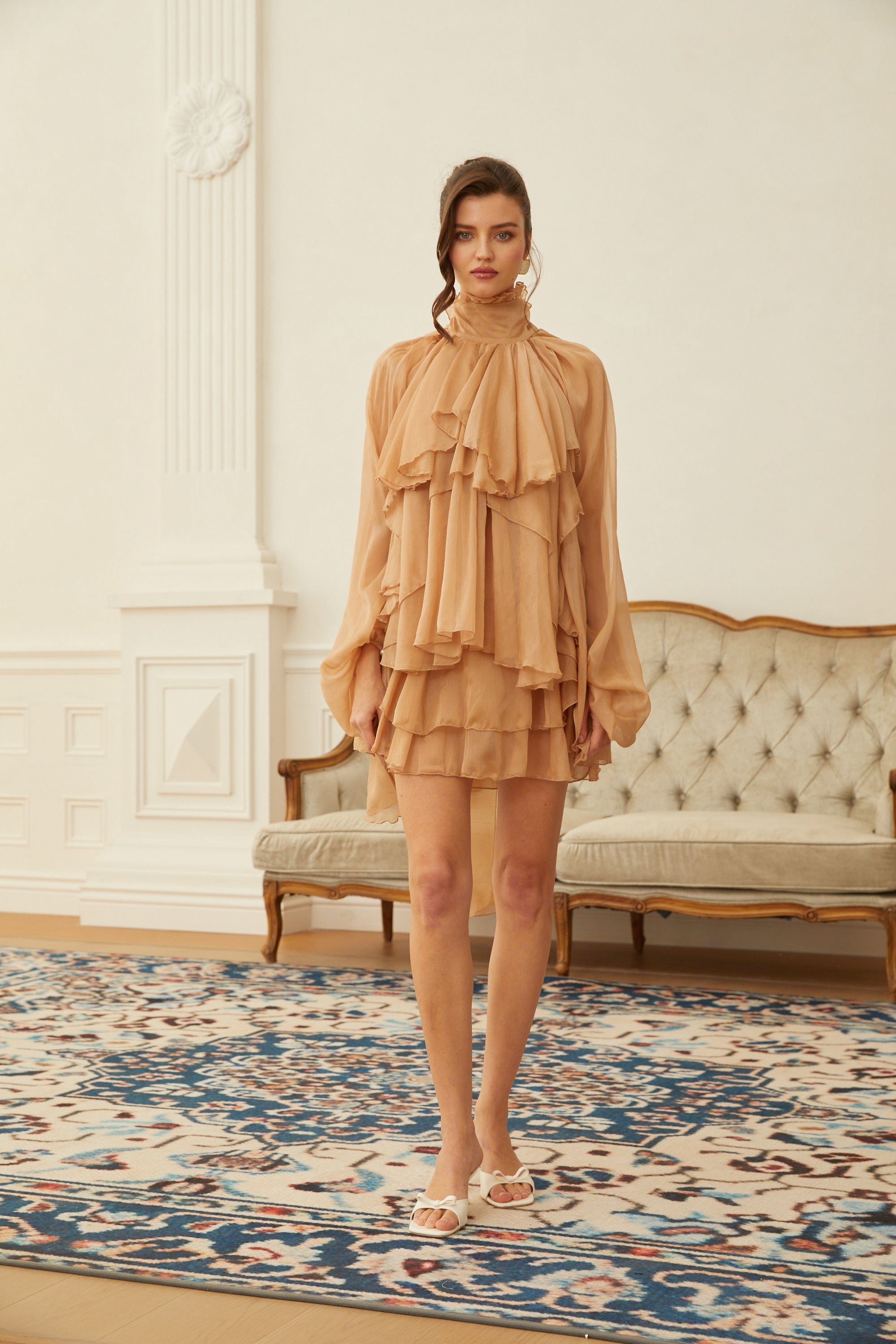 Olive Brown Layered Ruffled Chiffon Blouse & Skirt Set