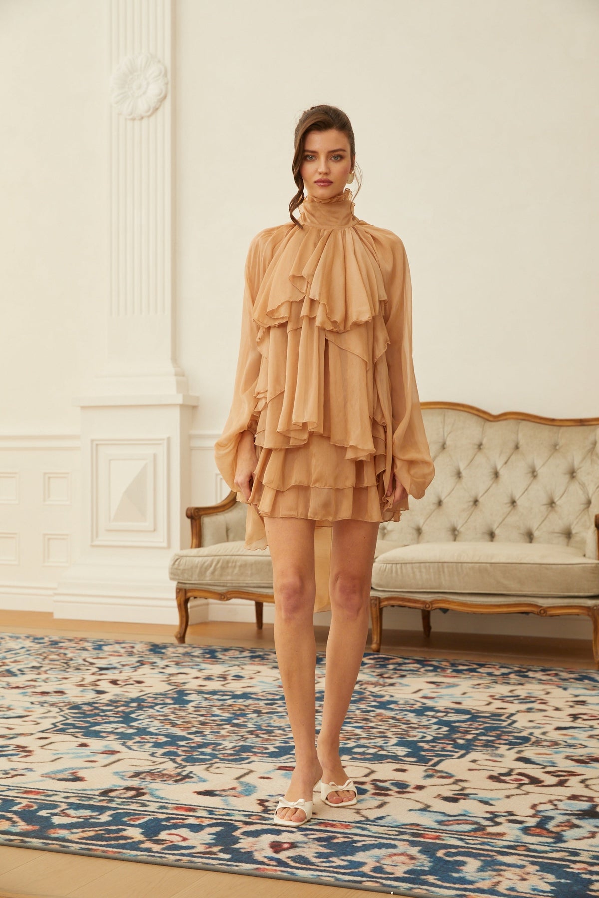 Olive Brown Layered Ruffled Chiffon Blouse & Skirt Set