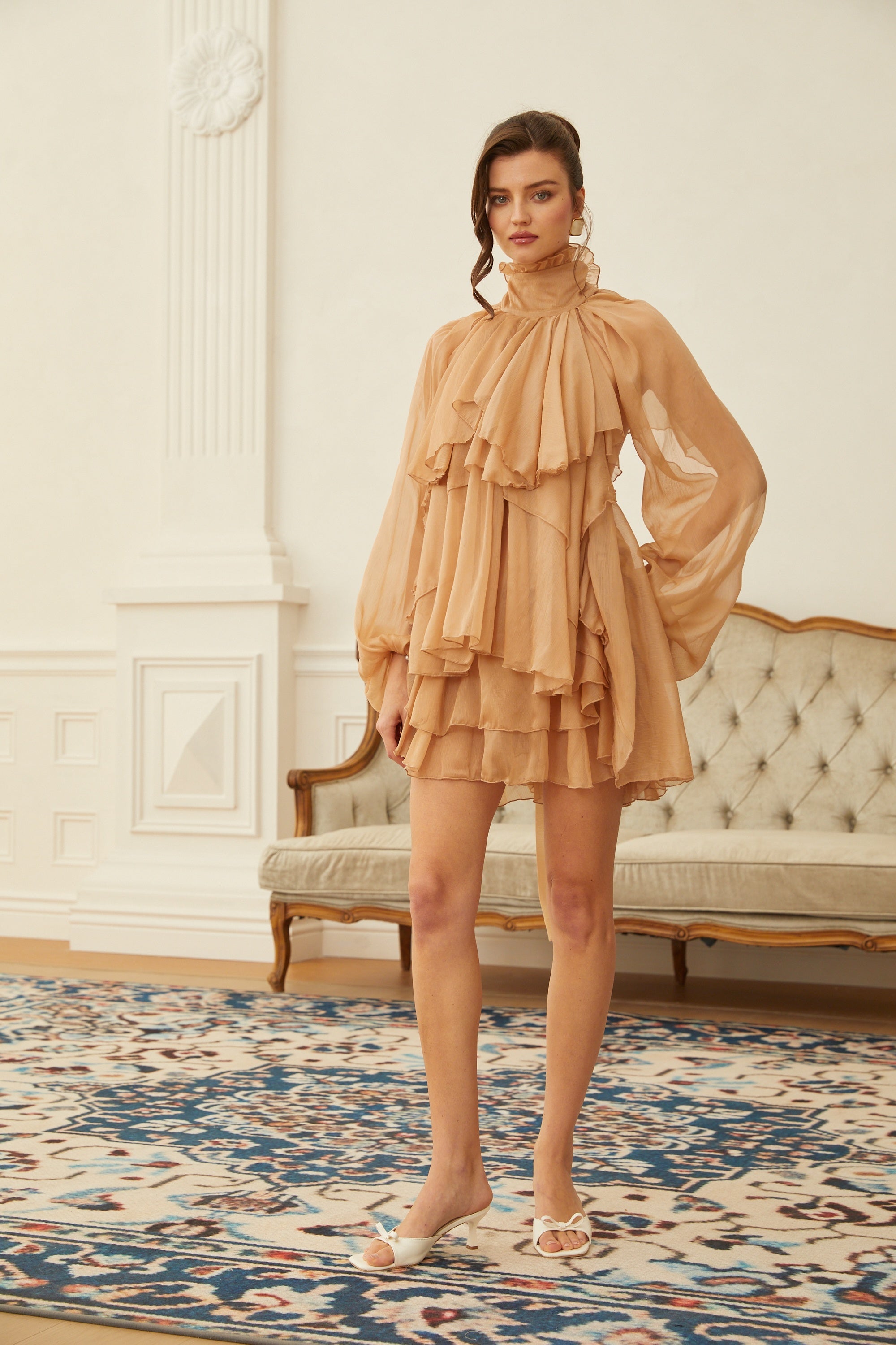 Olive Brown Layered Ruffled Chiffon Blouse & Skirt Set