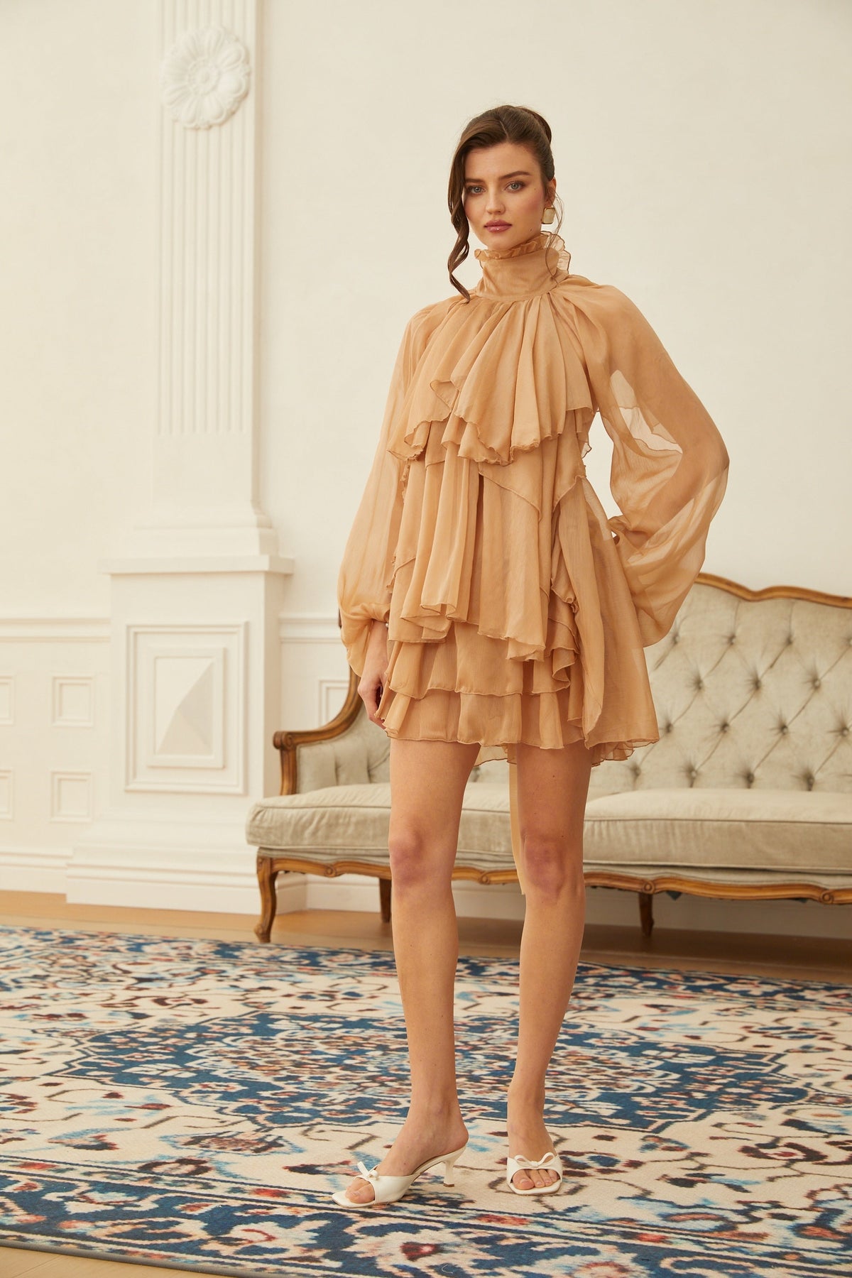 Olive Brown Layered Ruffled Chiffon Blouse & Skirt Set