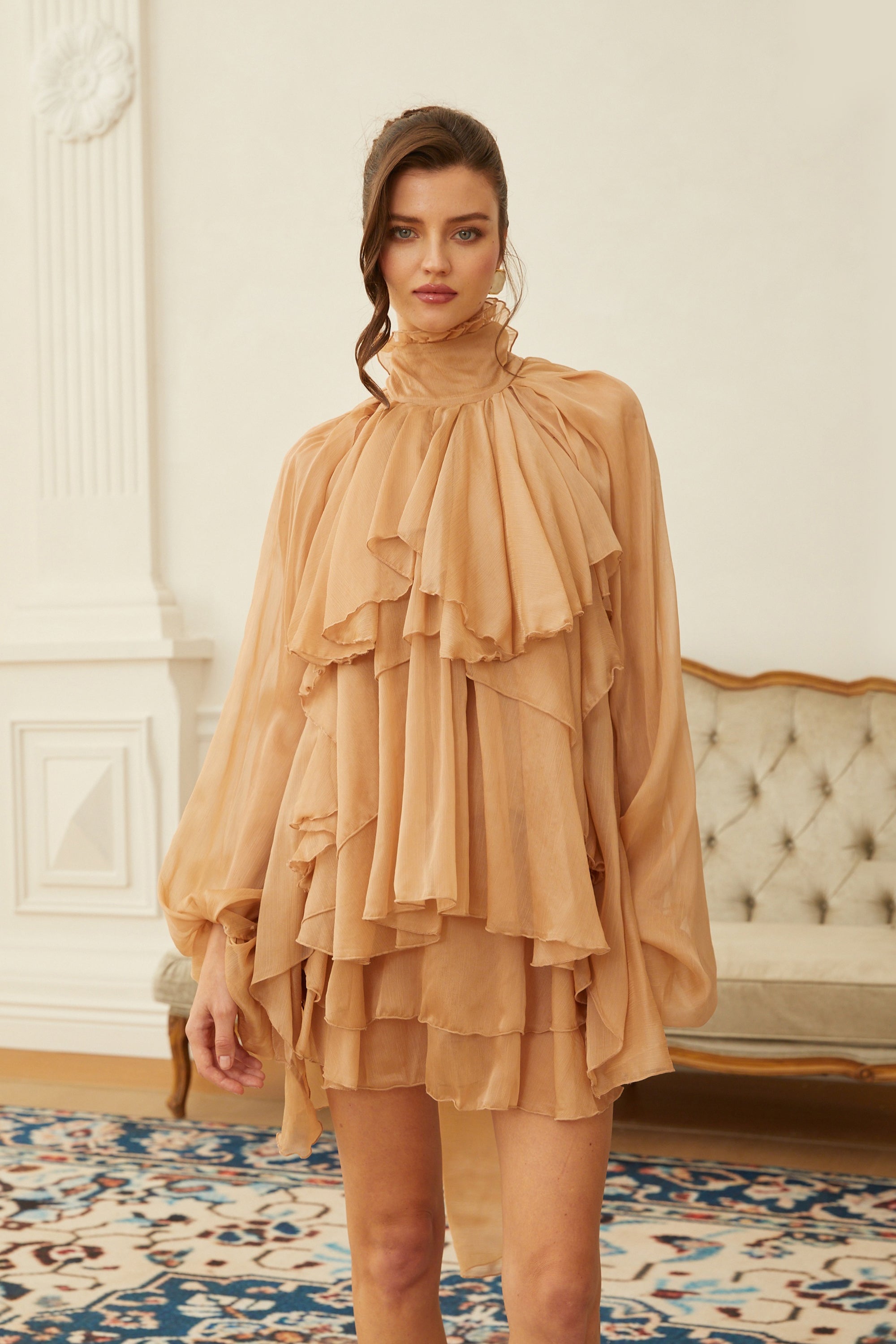 Olive Brown Layered Ruffled Chiffon Blouse & Skirt Set