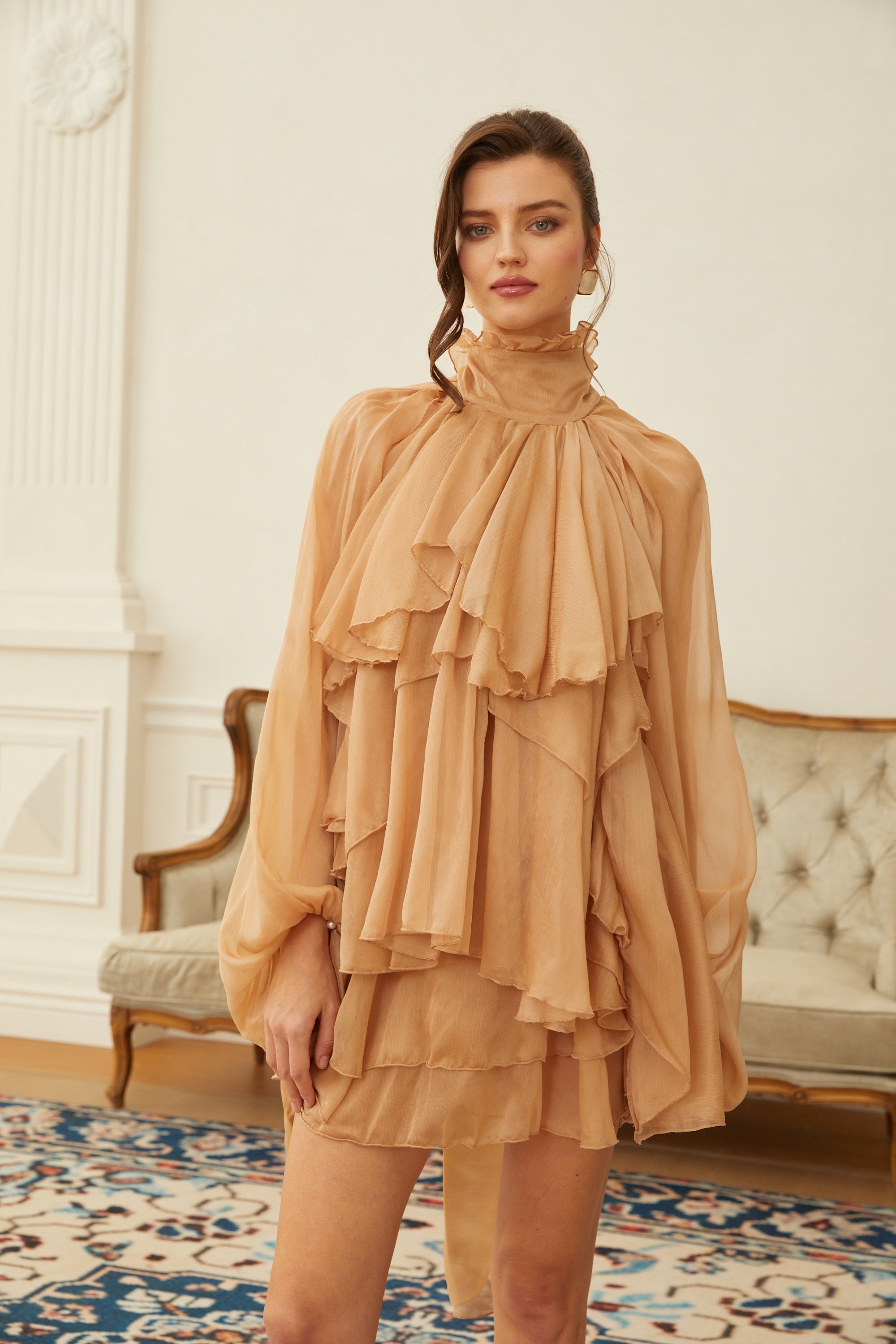 Olive Brown Layered Ruffled Chiffon Blouse & Skirt Set