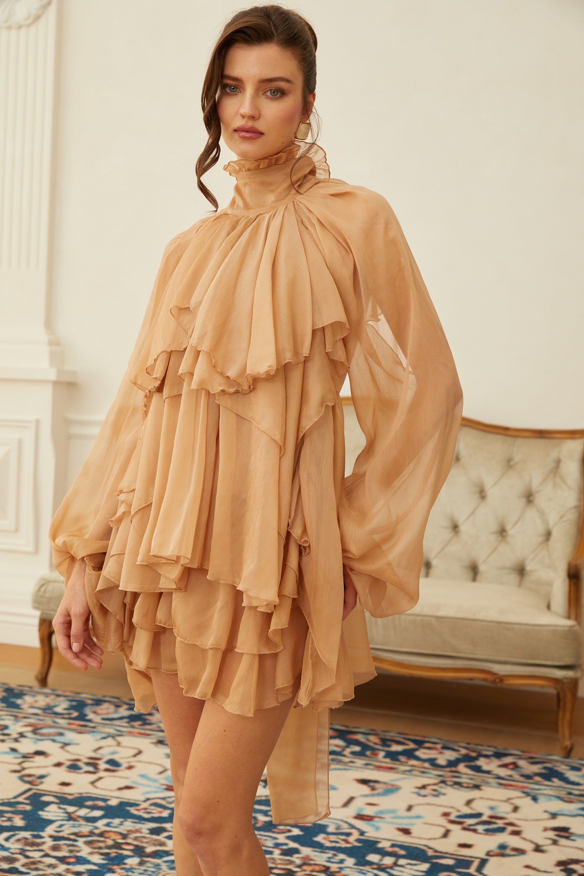 Olive Brown Layered Ruffled Chiffon Blouse & Skirt Set