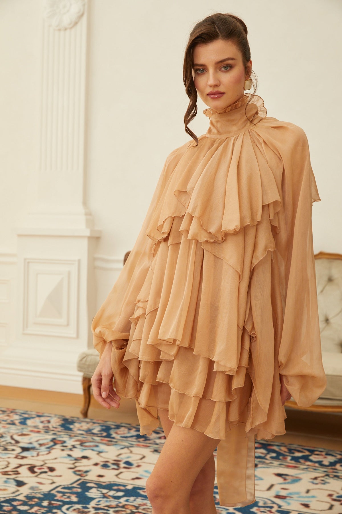 Olive Brown Layered Ruffled Chiffon Blouse & Skirt Set