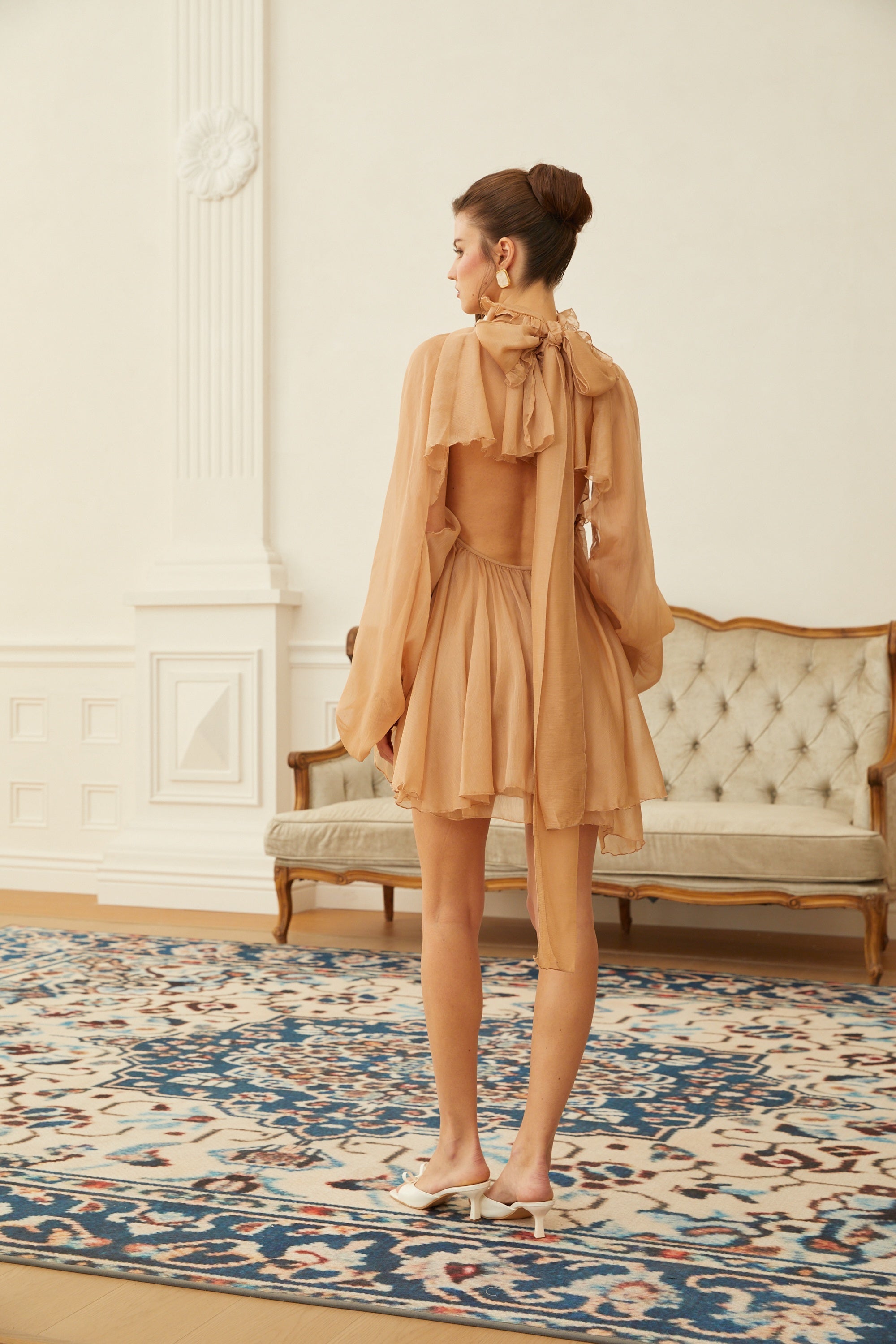 Olive Brown Layered Ruffled Chiffon Blouse & Skirt Set