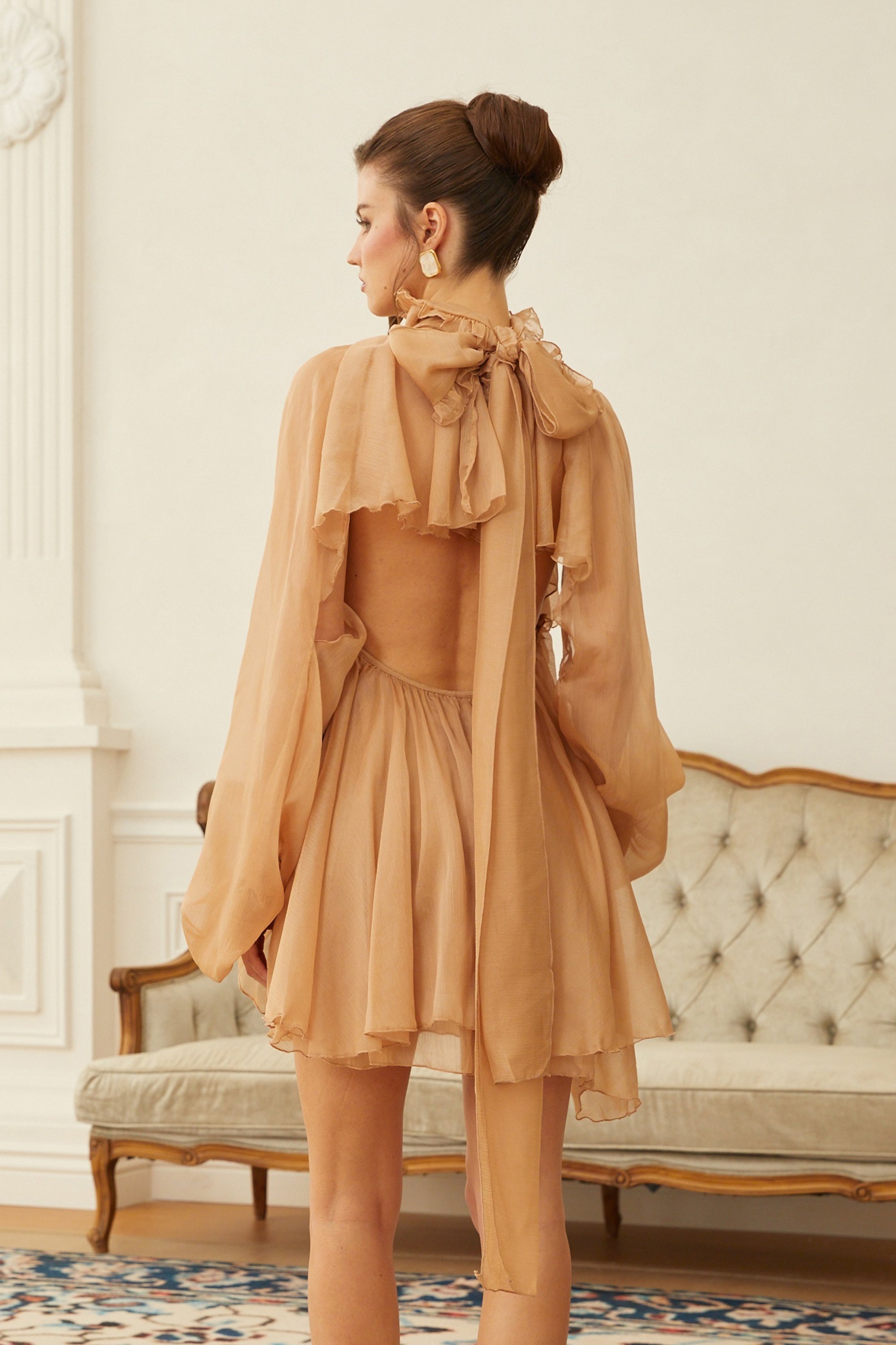 Olive Brown Layered Ruffled Chiffon Blouse & Skirt Set