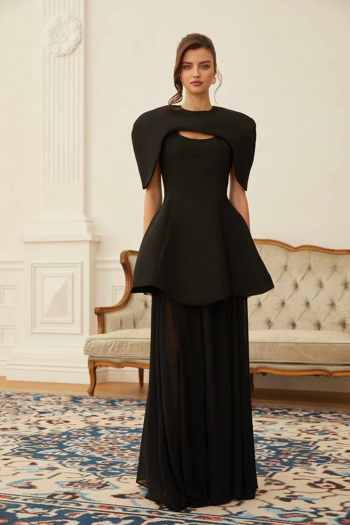 Auriane Black Layered Cape Sculptural Maxi Dress Set