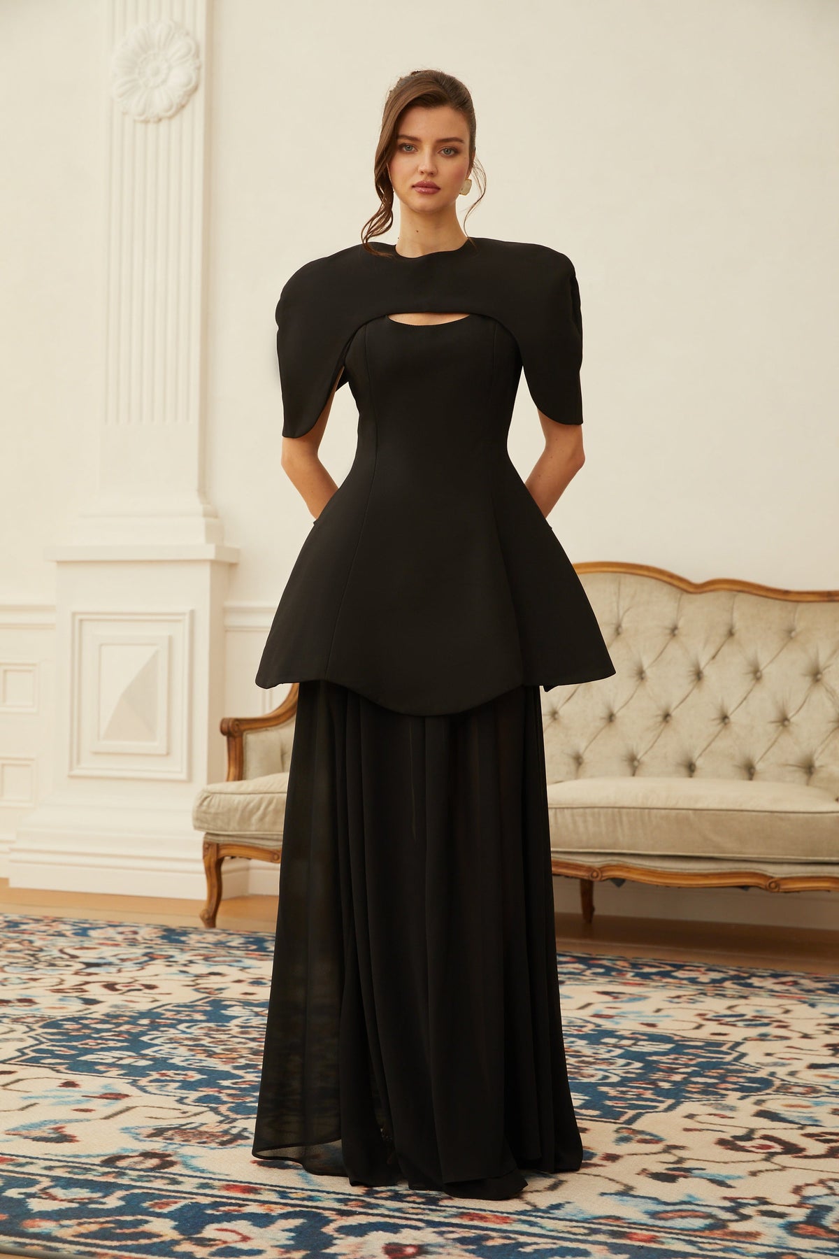 Auriane Black Layered Cape Sculptural Maxi Dress Set