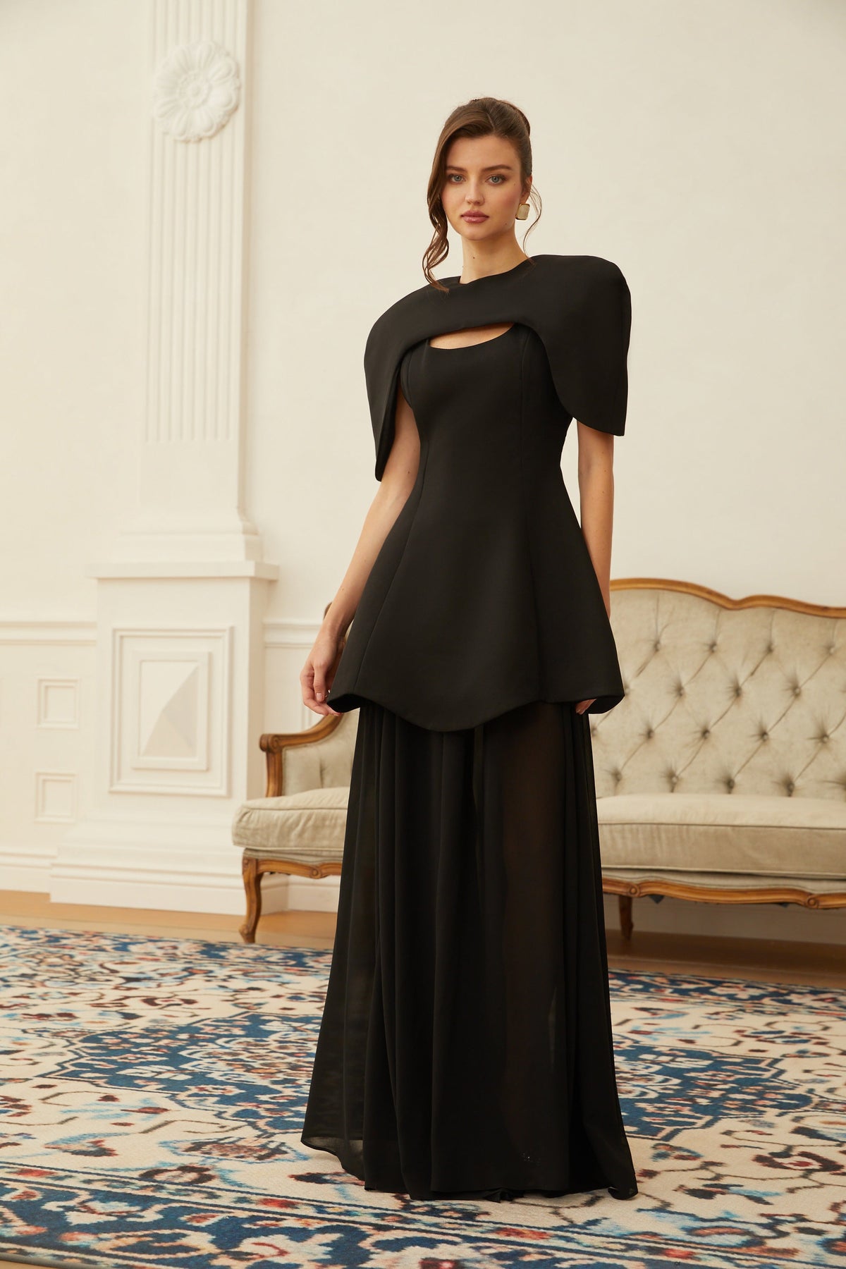Auriane Black Layered Cape Sculptural Maxi Dress Set