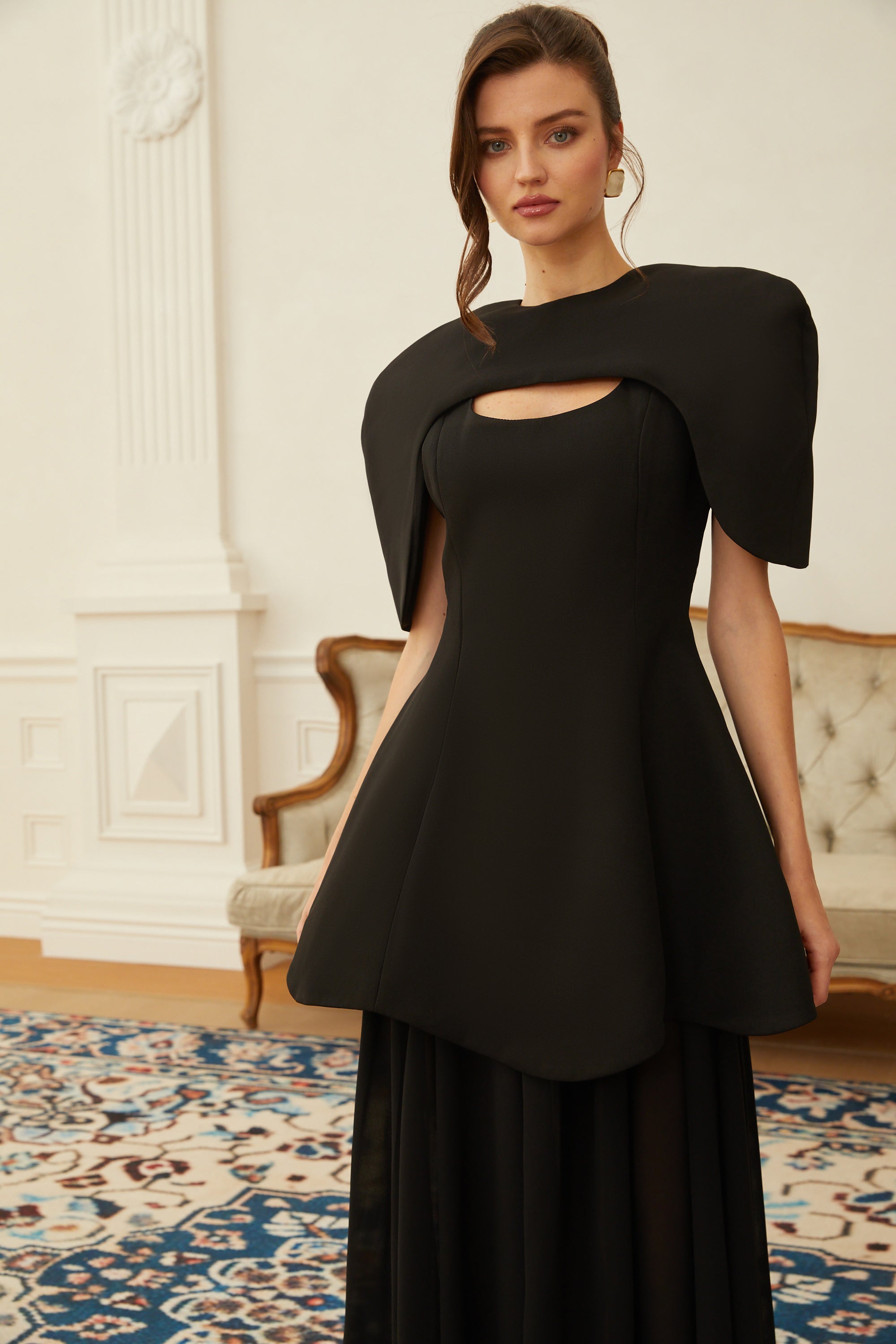 Auriane Black Layered Cape Sculptural Maxi Dress Set