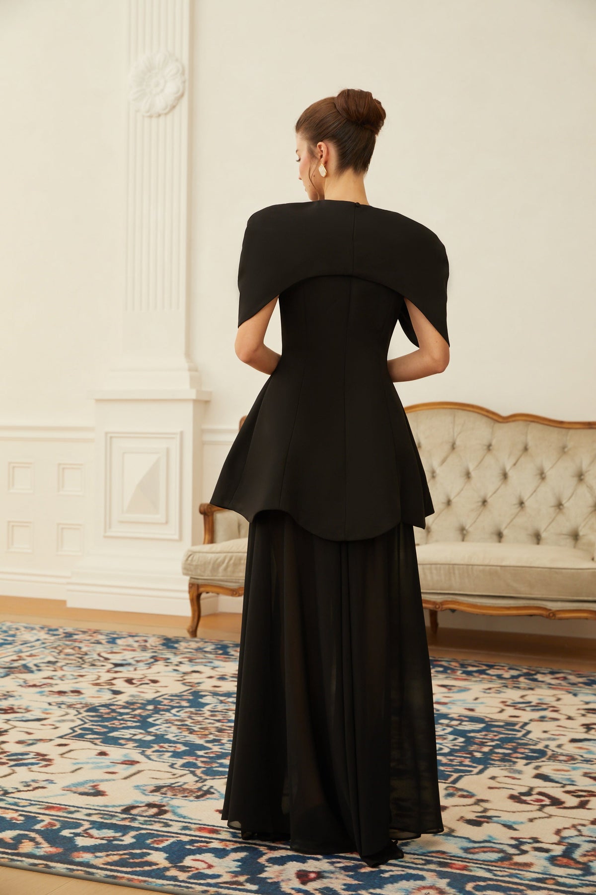 Auriane Black Layered Cape Sculptural Maxi Dress Set