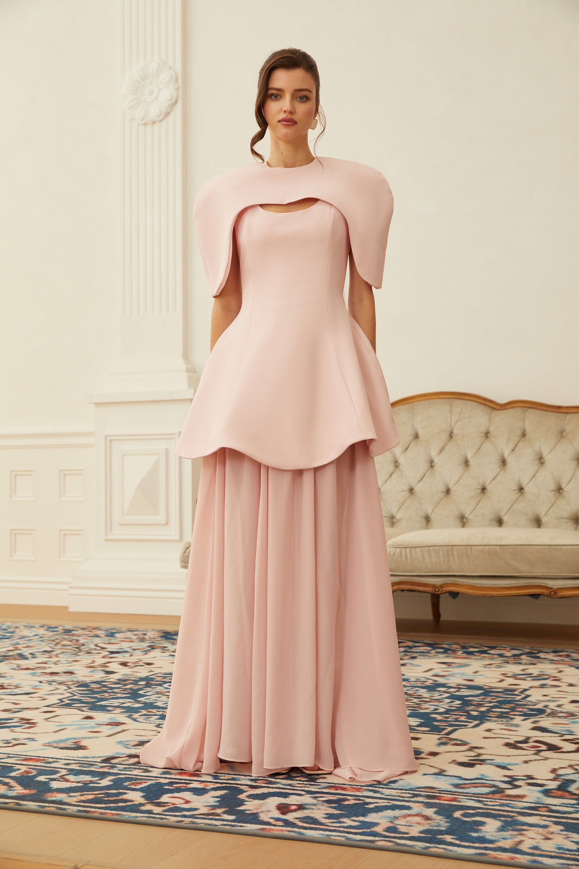 Auriane Pink Layered Cape Sculptural Maxi Dress Set