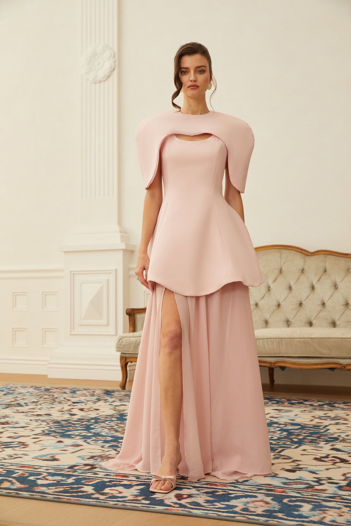 Auriane Pink Layered Cape Sculptural Maxi Dress Set