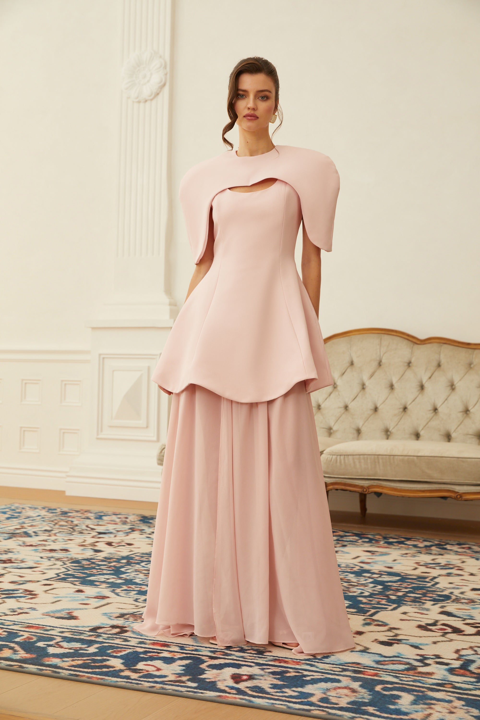 Auriane Pink Layered Cape Sculptural Maxi Dress Set